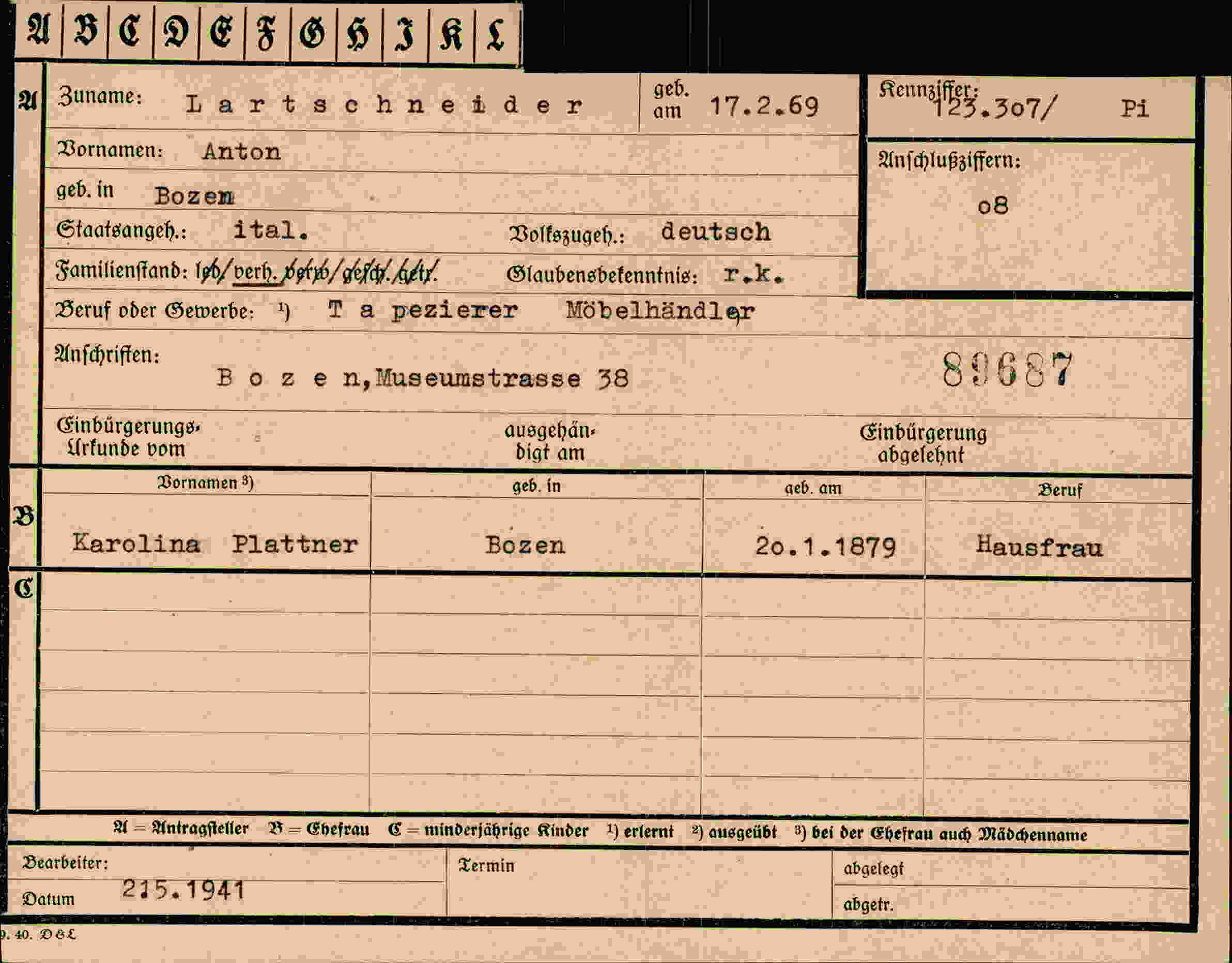 Dokument für Anton Lartschneider