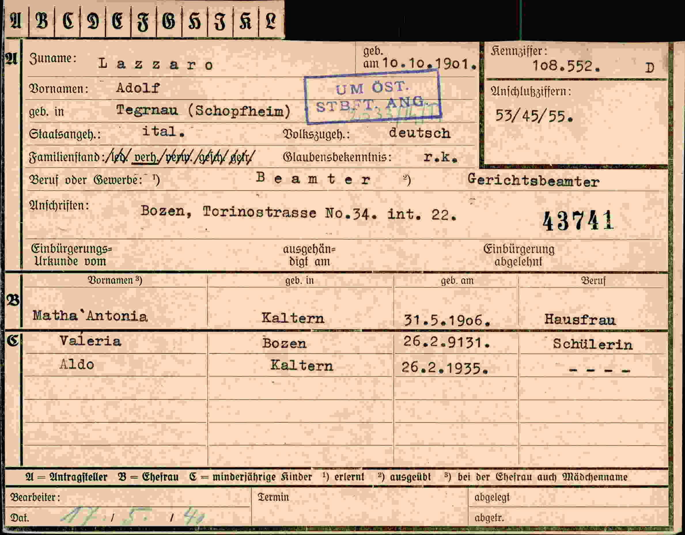 Dokument für Adolf Lazzaro