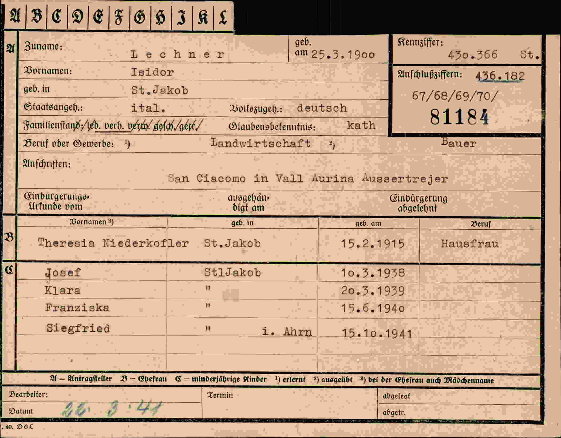 Dokument für Isidor Lechner