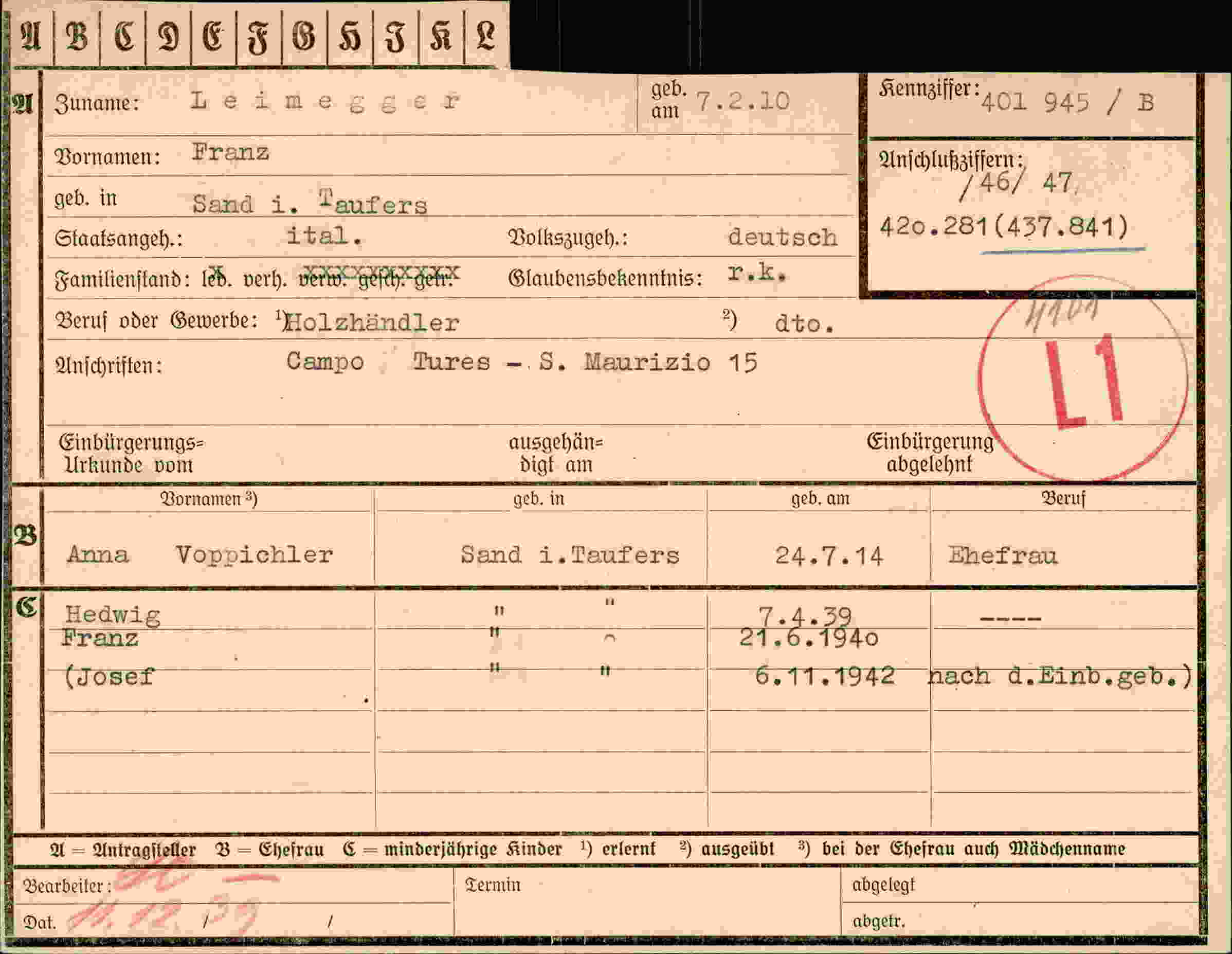 Dokument für Franz Leimegger