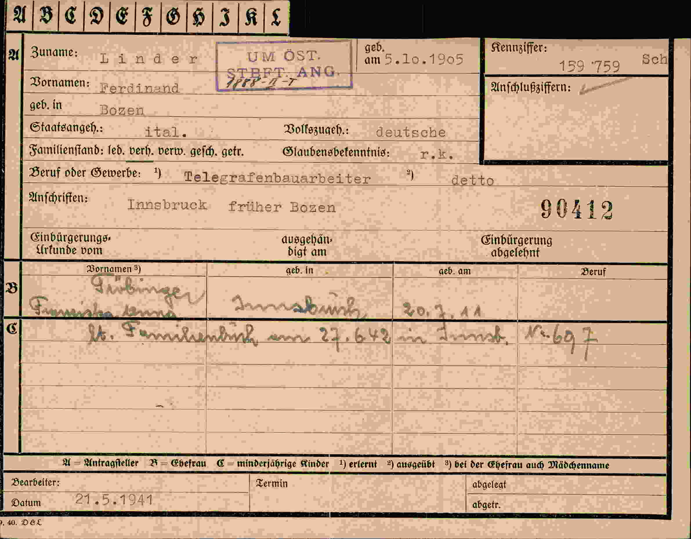 Dokument für Ferdinand Linder
