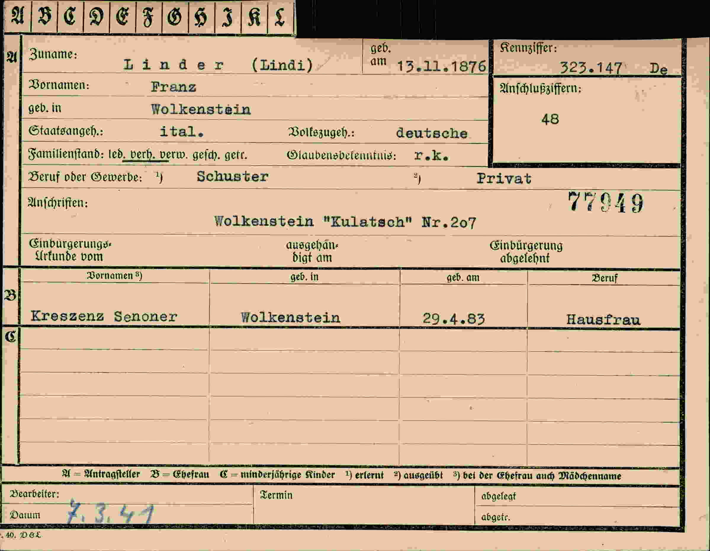 Dokument für Franz Linder