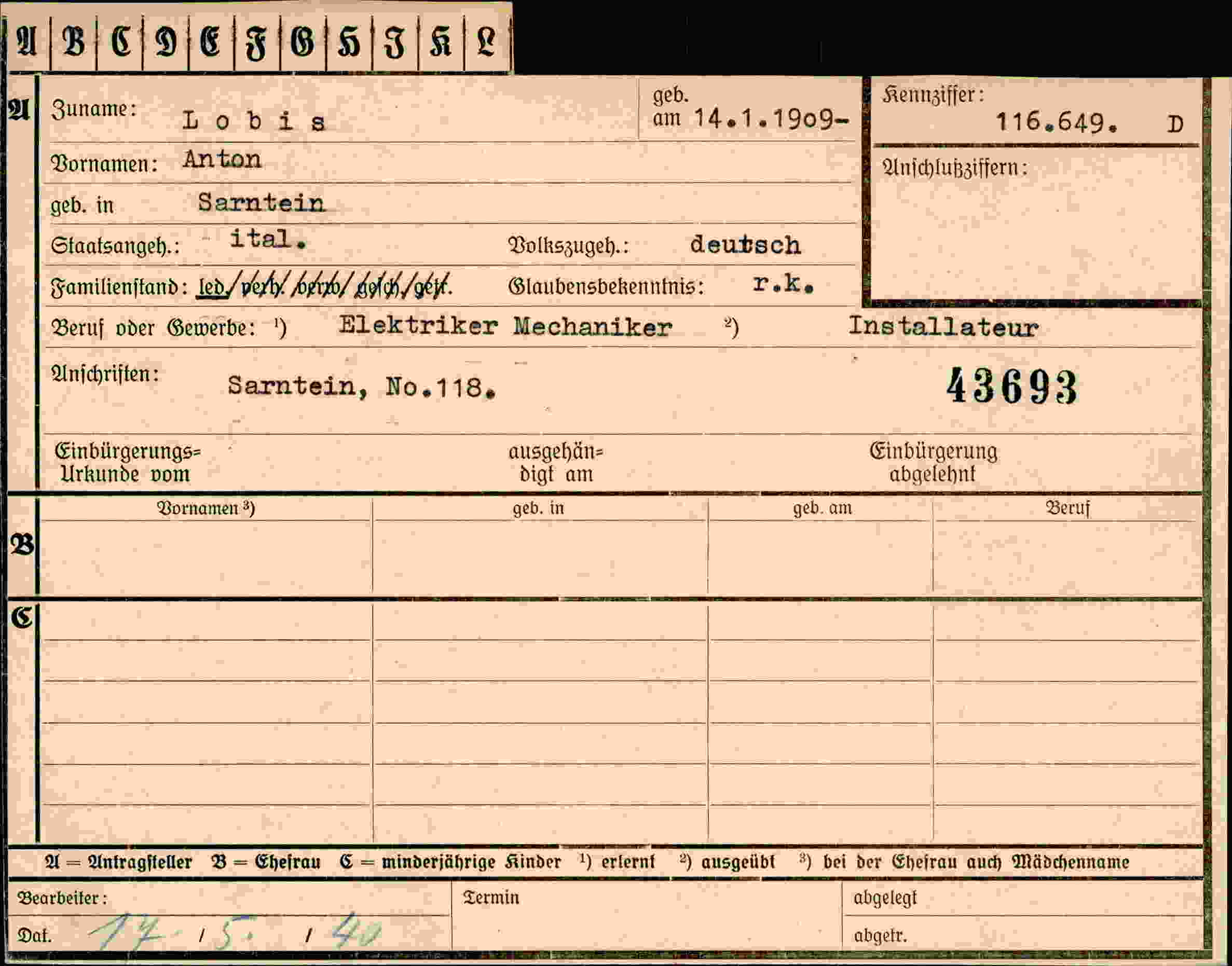 Dokument für Anton Lobis
