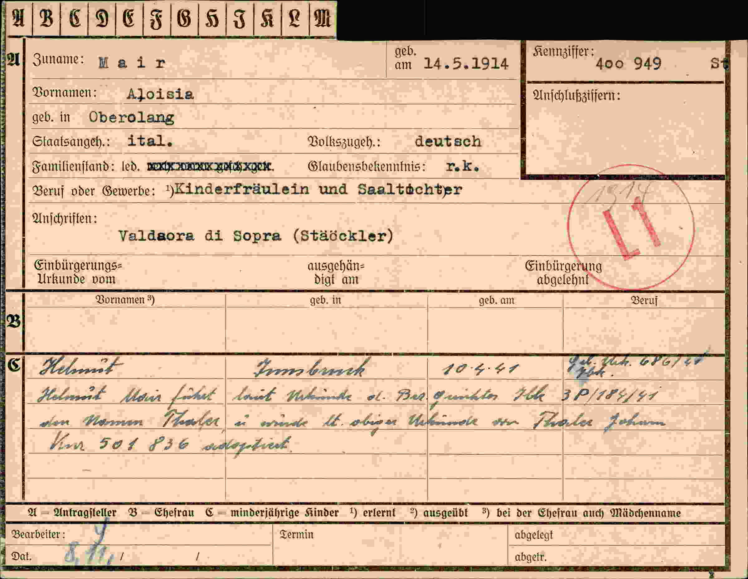Dokument für Aloisia Mair