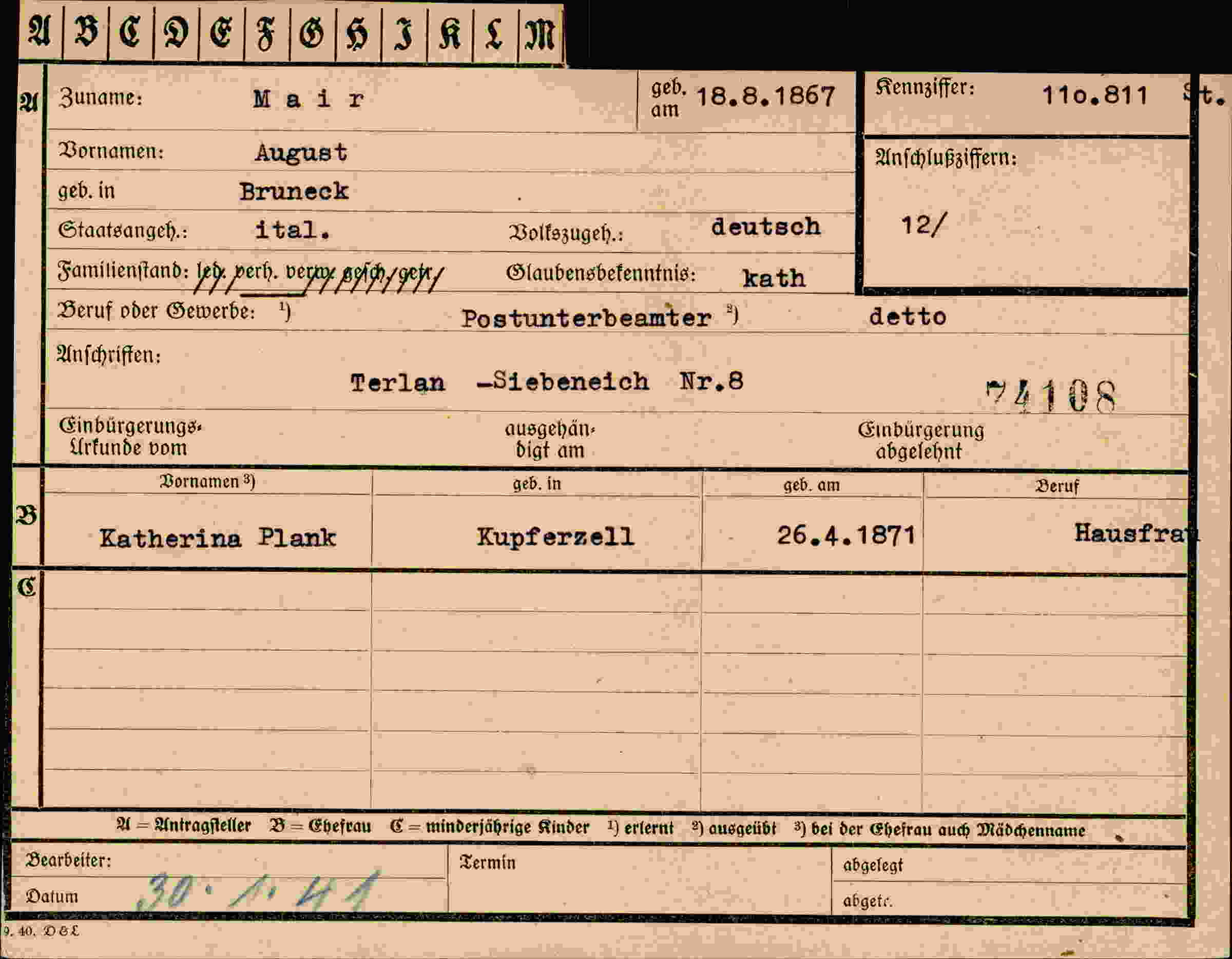 Dokument für August Mair