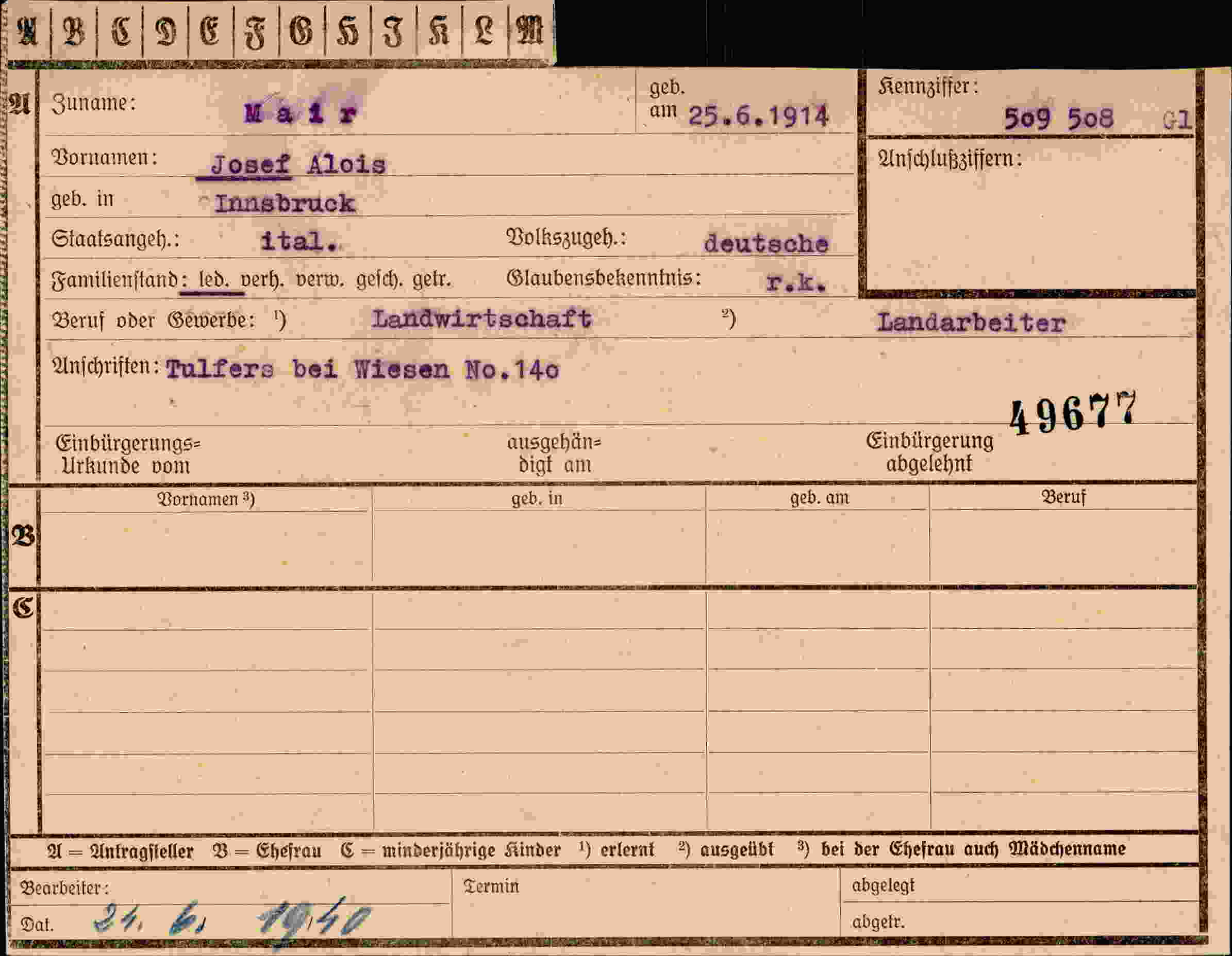 Dokument für Josef Alois Mair