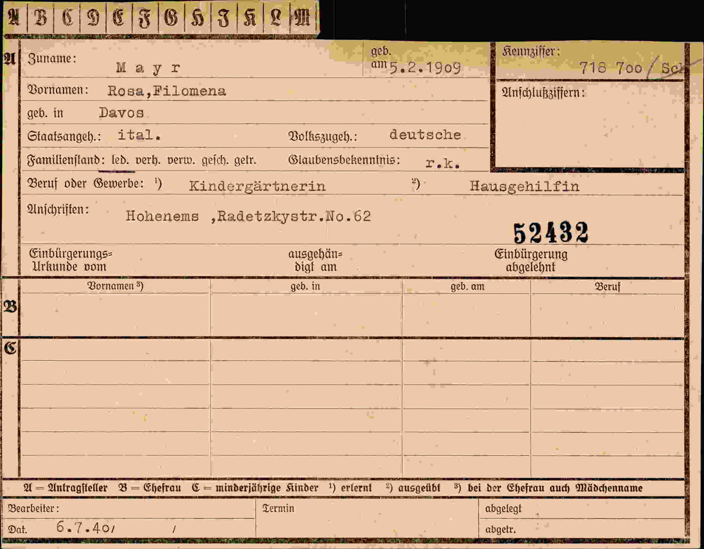 Dokument für Rosa Filomena Mayr