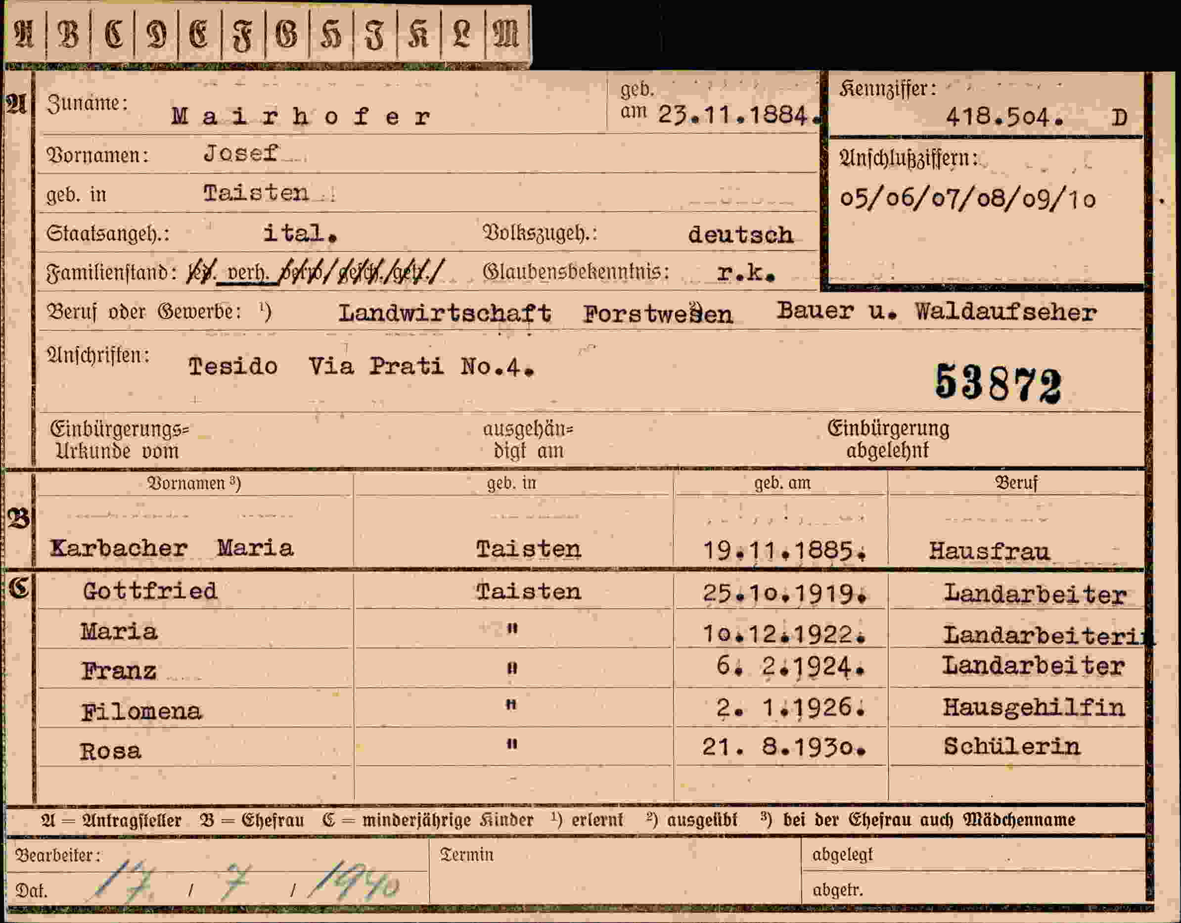 Dokument für Josef Mairhofer