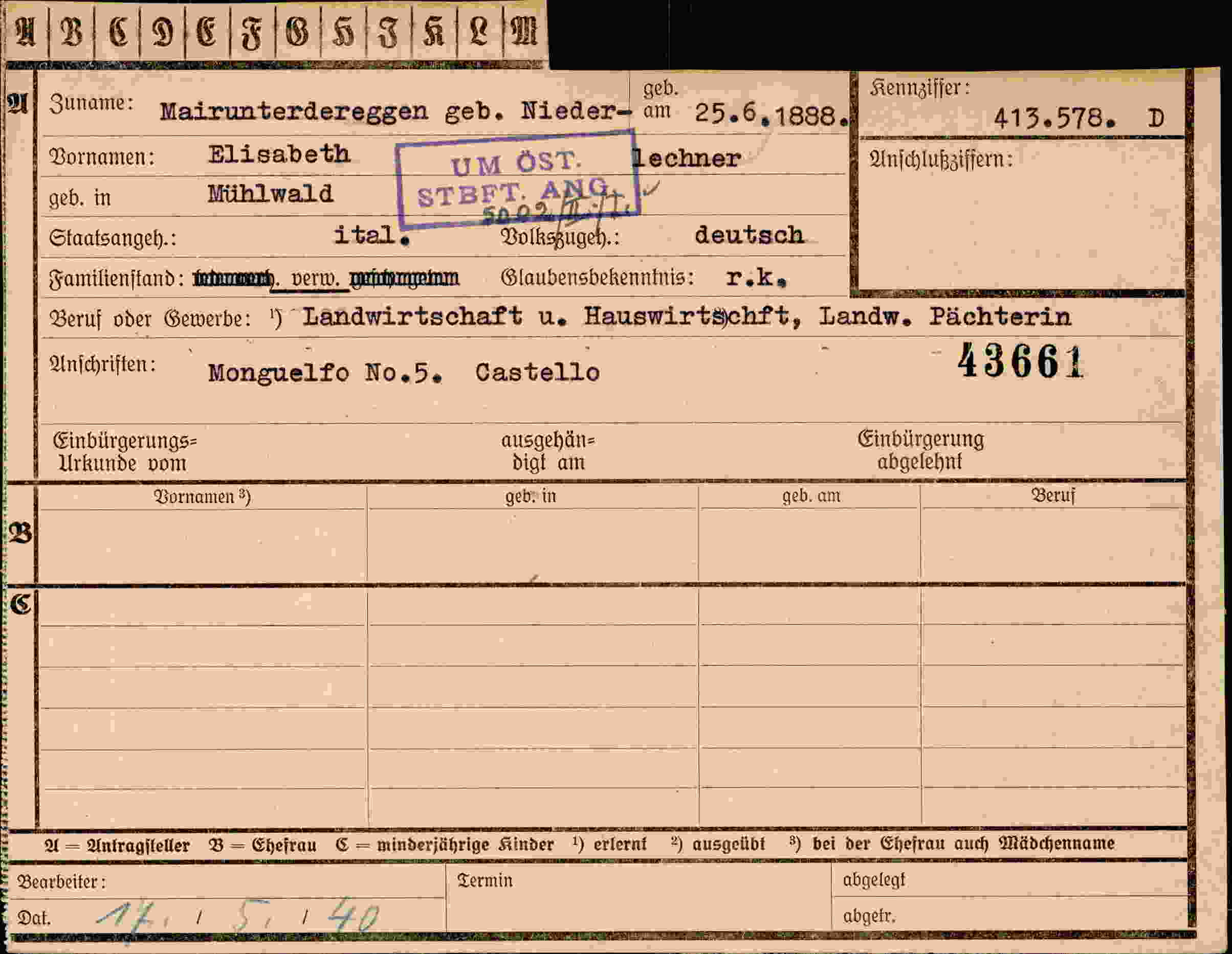 Dokument für Elisabeth Mairunterdereggen