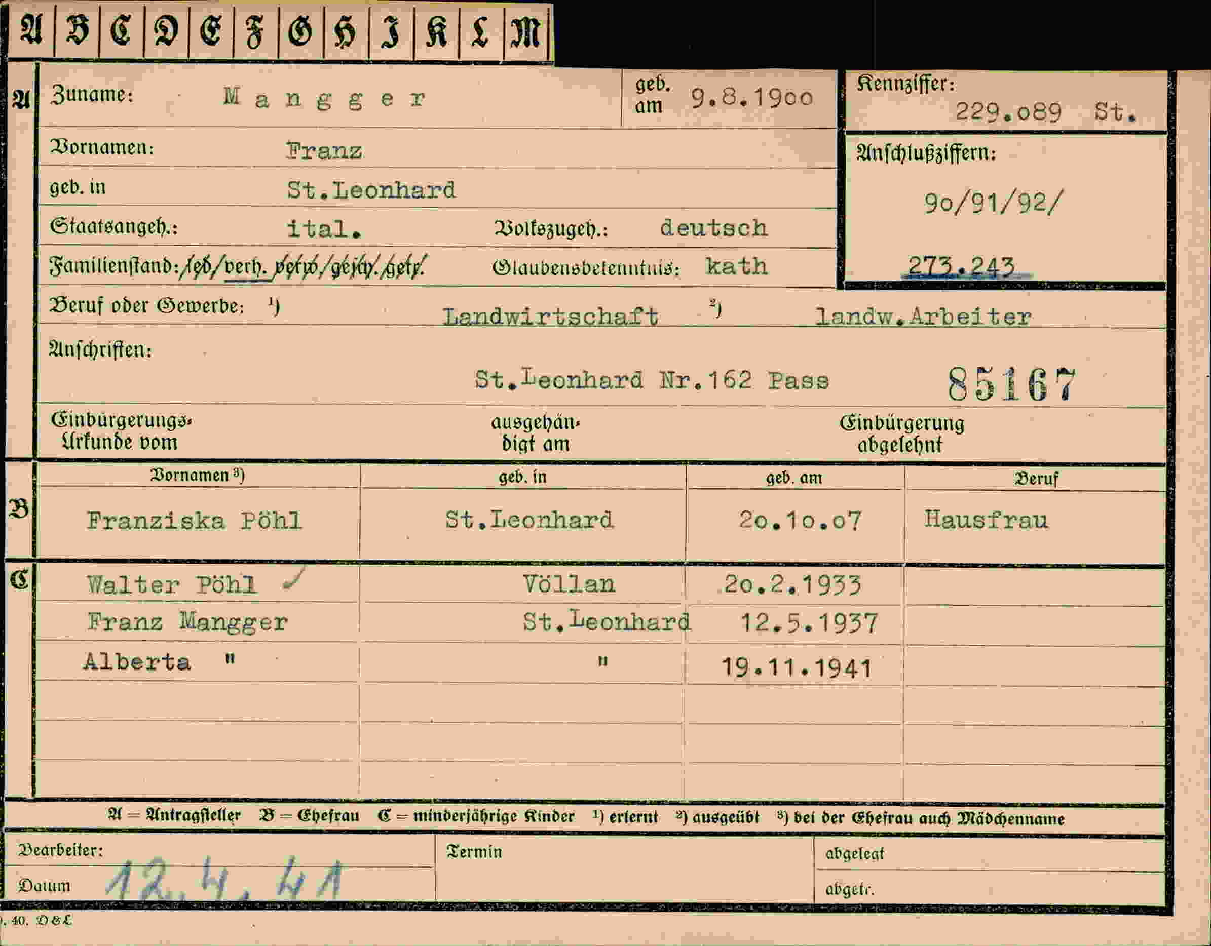 Dokument für Franz Mangger