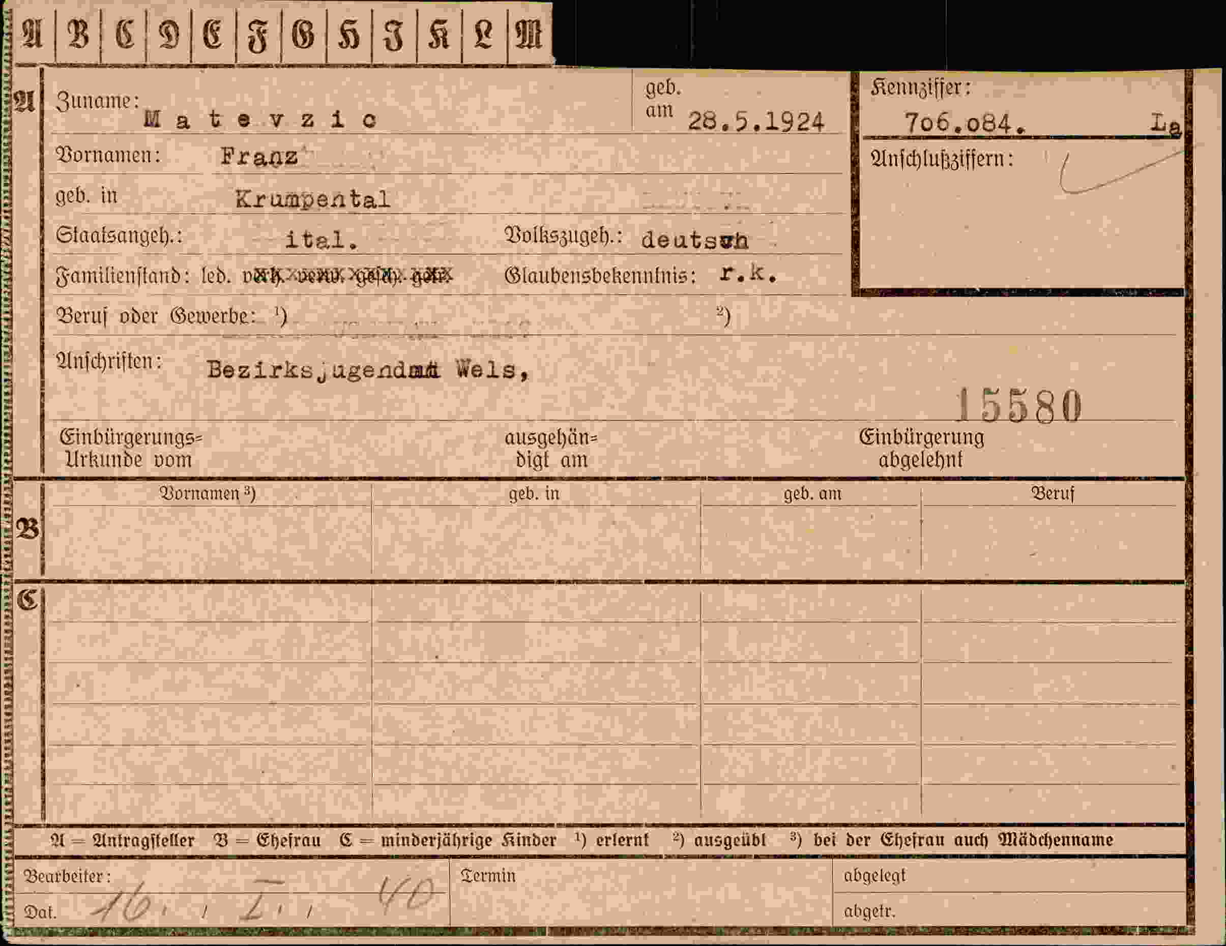 Dokument für Franz Matevzic
