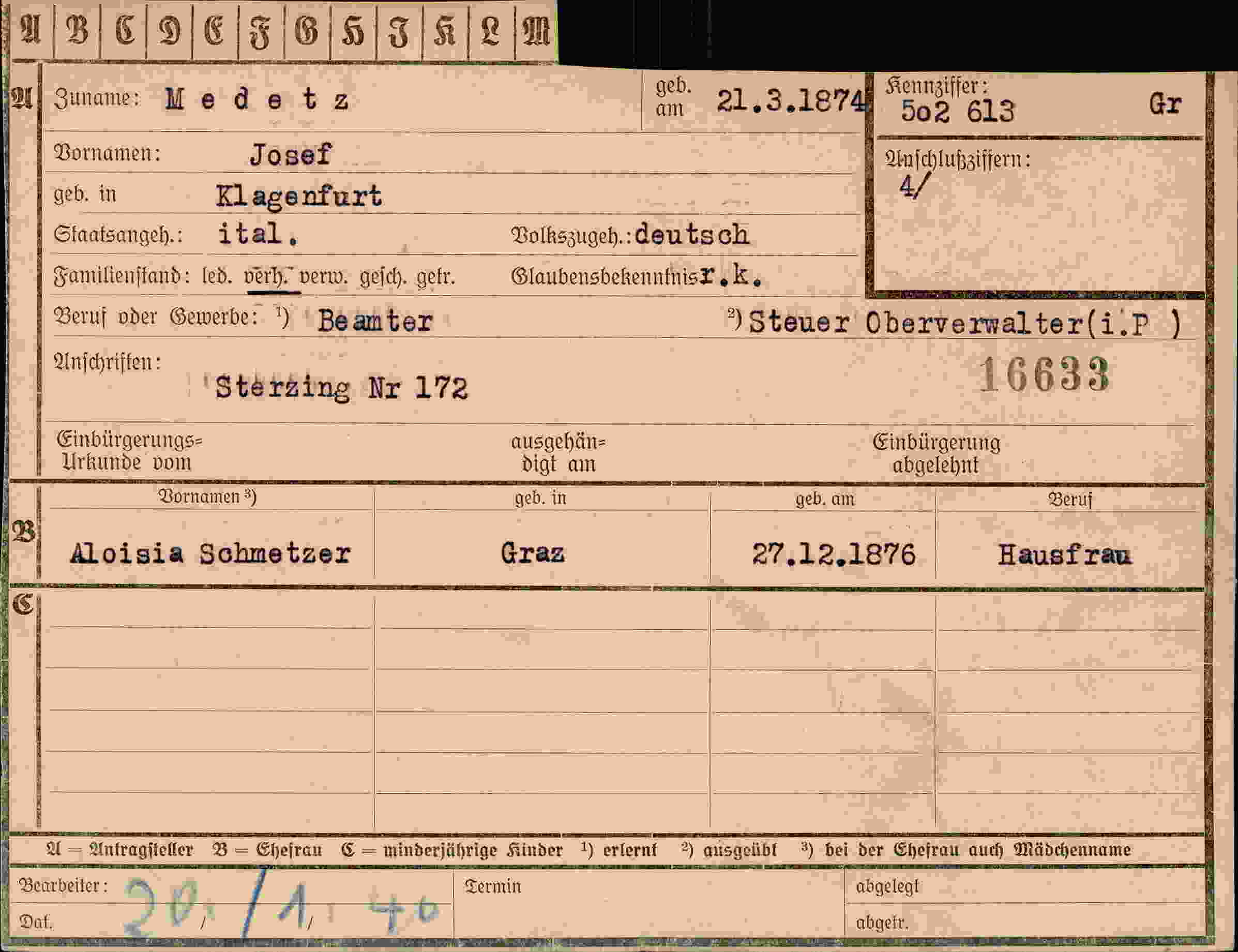 Dokument für Josef Medetz