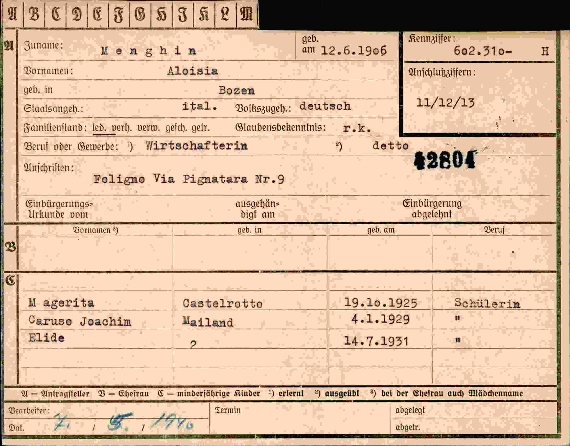 Dokument für Aloisia Menghin
