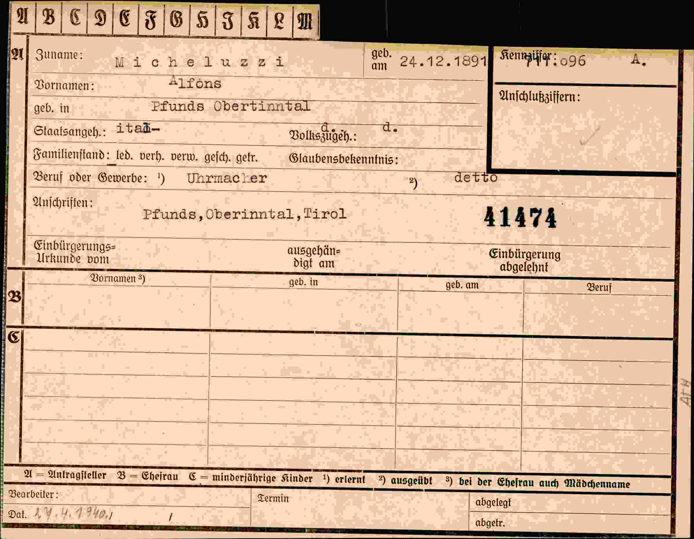 Dokument für Alfons Micheluzzi