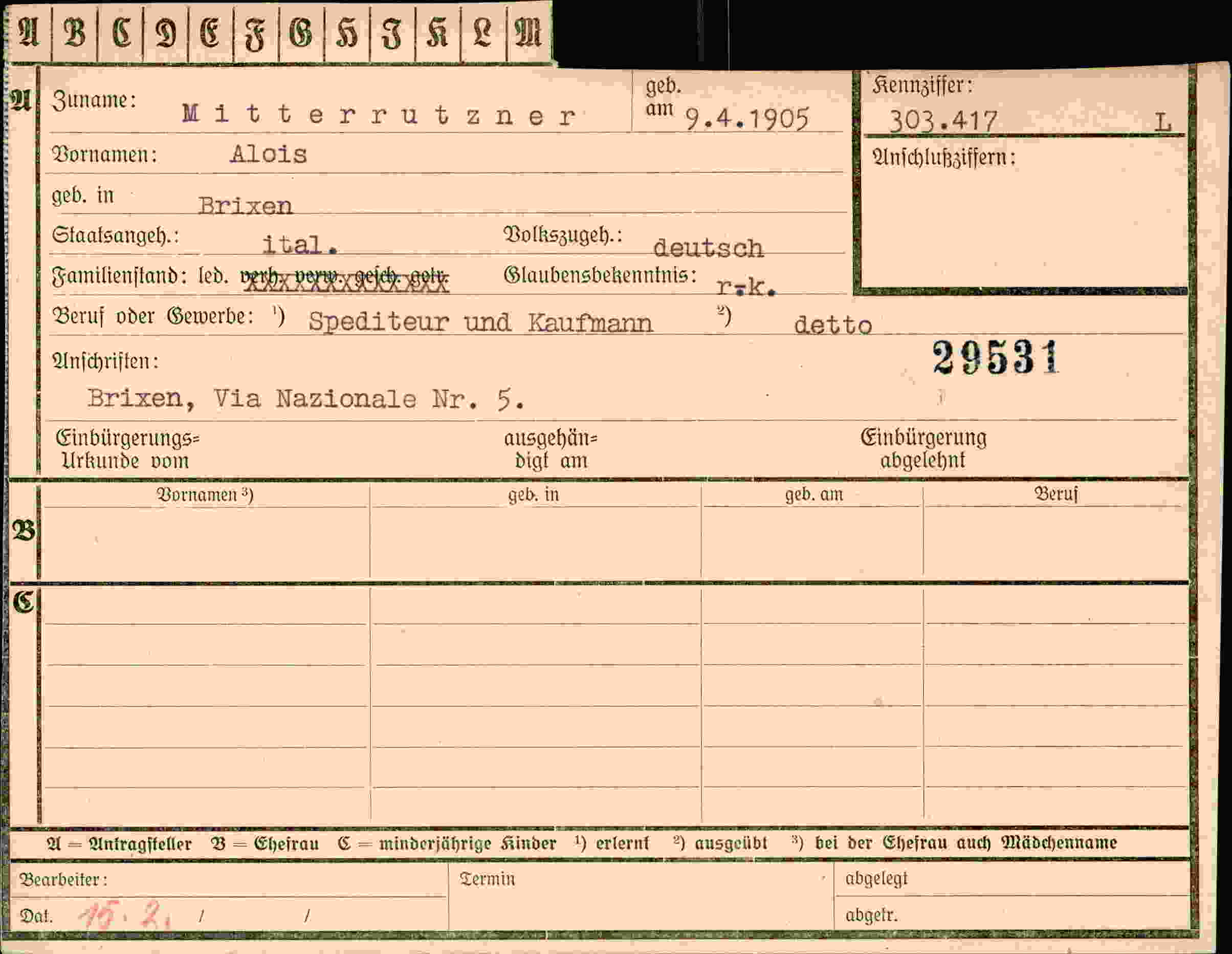 Dokument für Alois Mitterrutzner