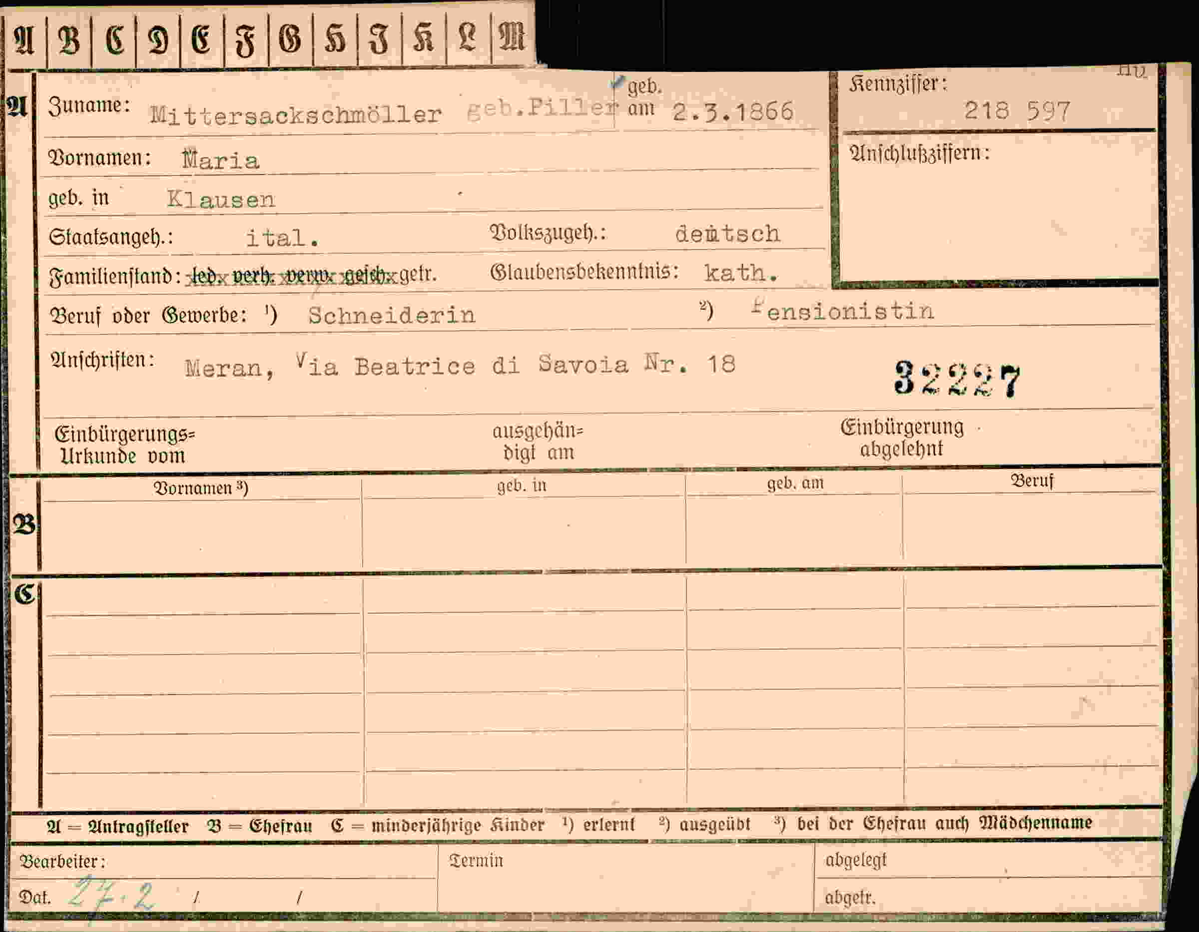 Dokument für Maria Mittersackschmöller
