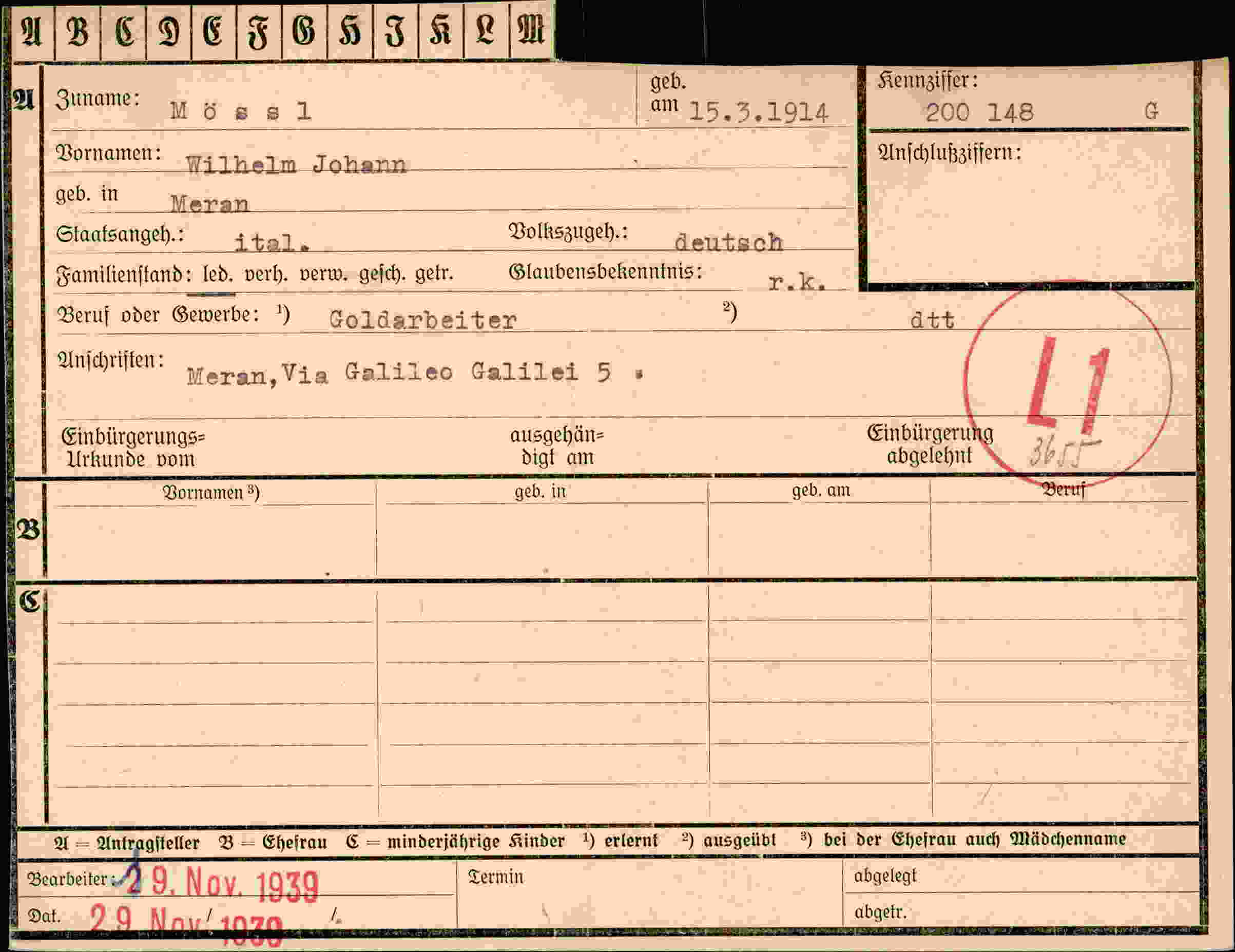 Dokument für Wilhelm Johann Mössl