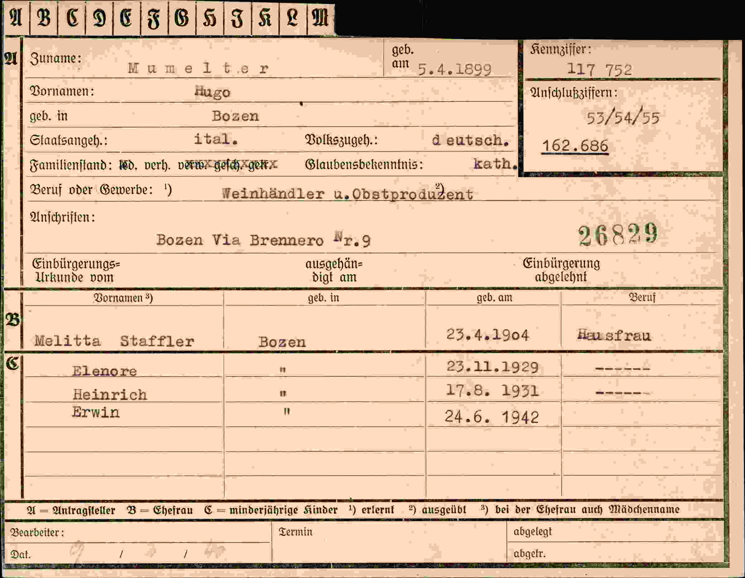 Dokument für Hugo Mumelter