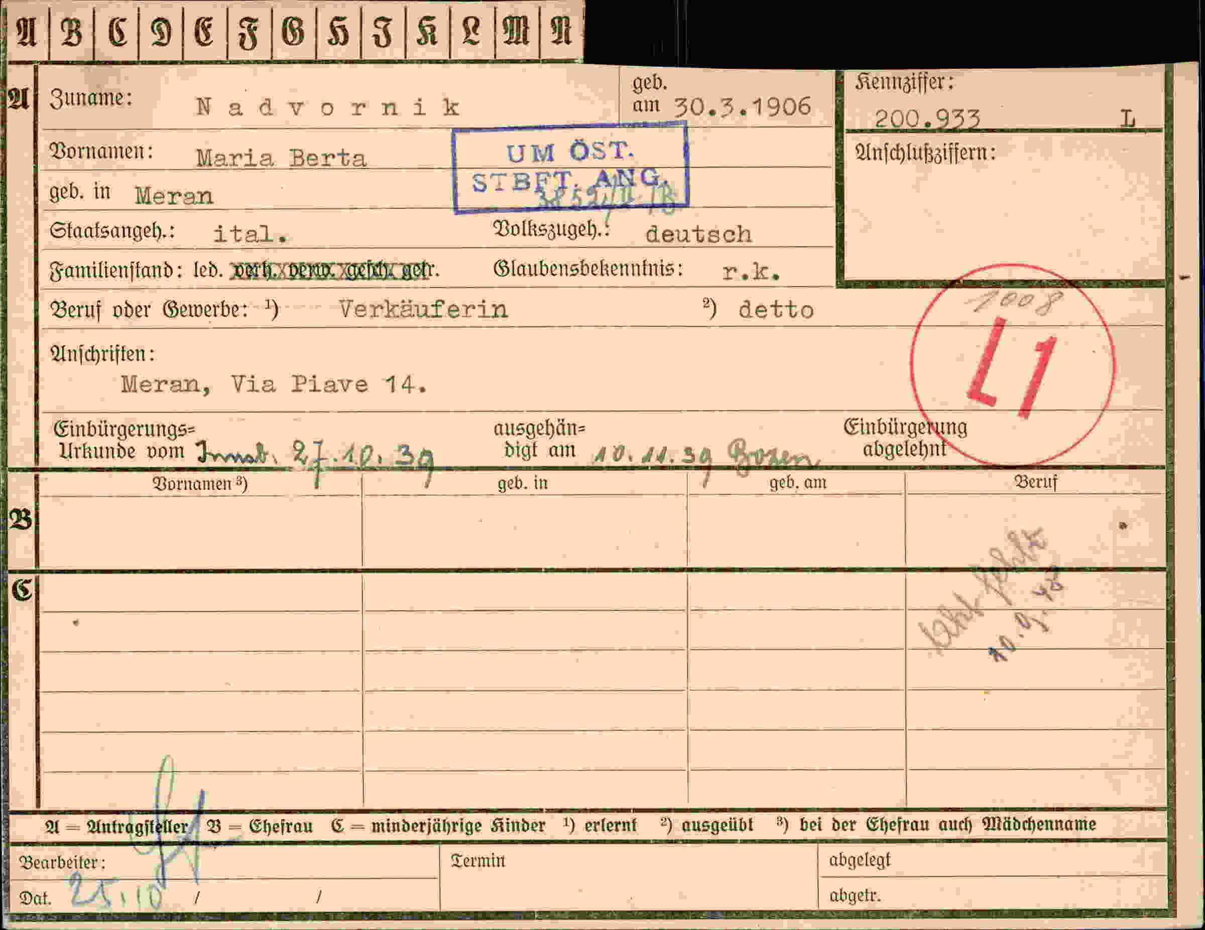 Dokument für Maria Berta Nadvornik