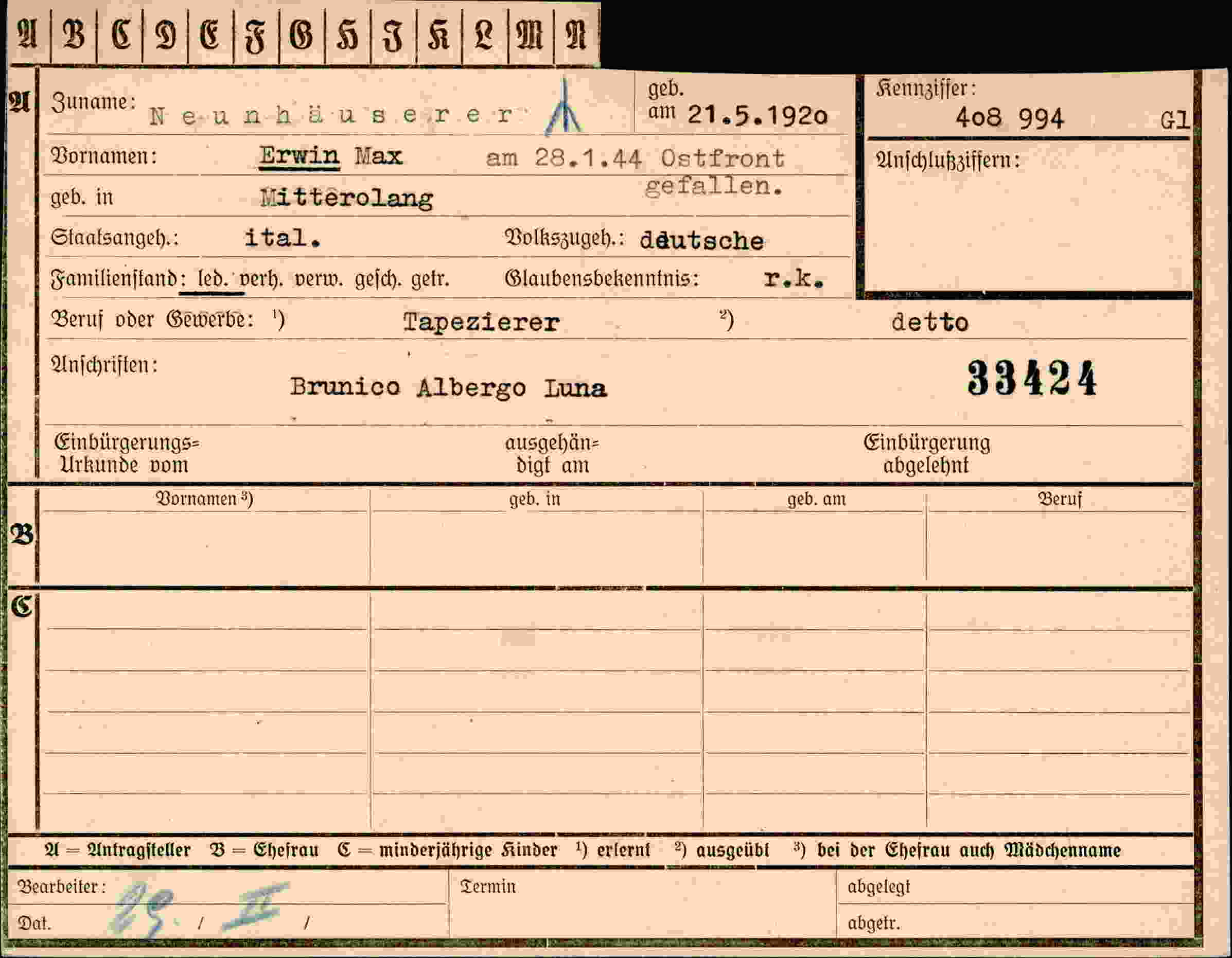 Dokument für Erwin Max Neunhäuserer
