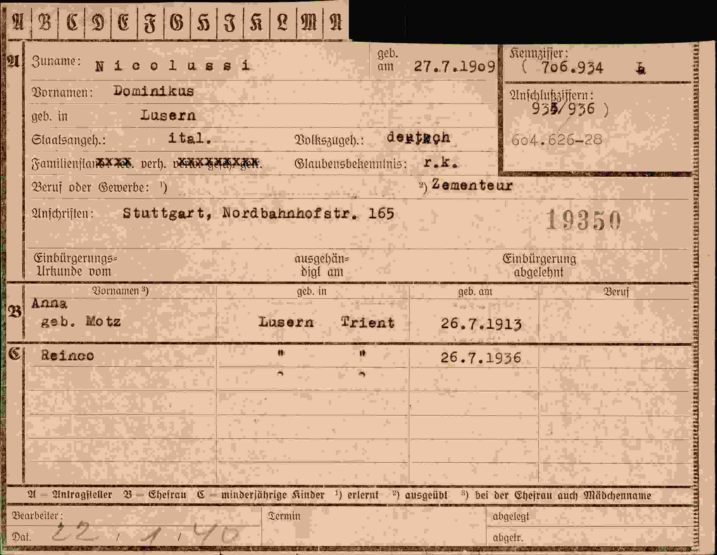 Dokument für Dominikus Nicolussi