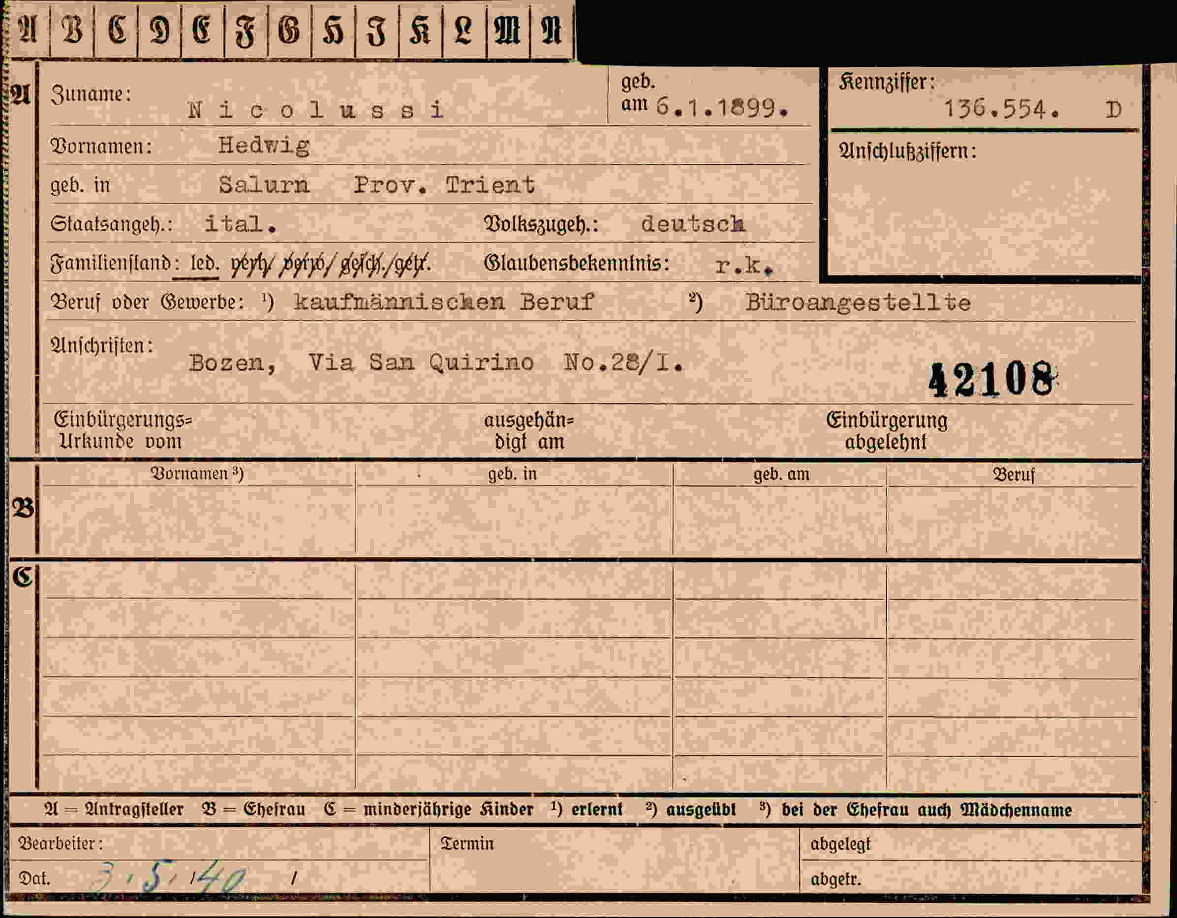 Dokument für Hedwig Nicolussi