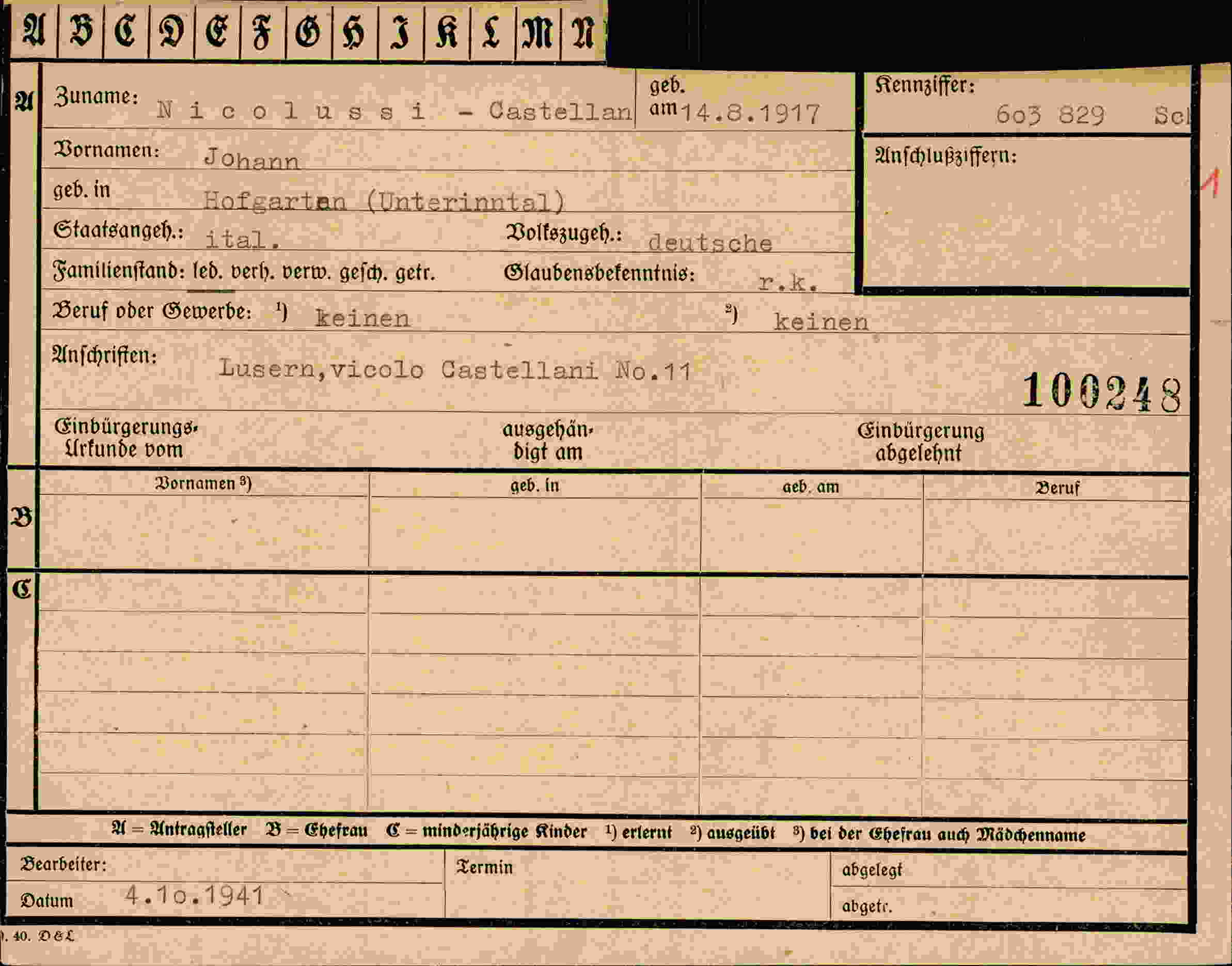 Dokument für Johann Nicolussi Castellan