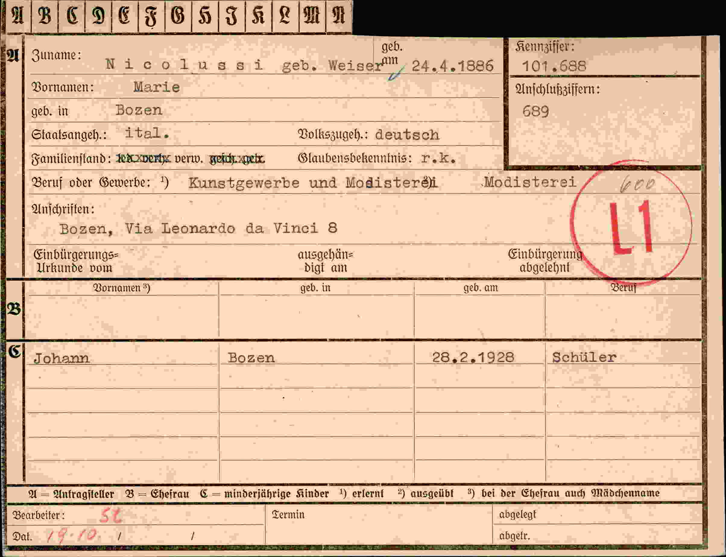 Dokument für Marie Nicolussi
