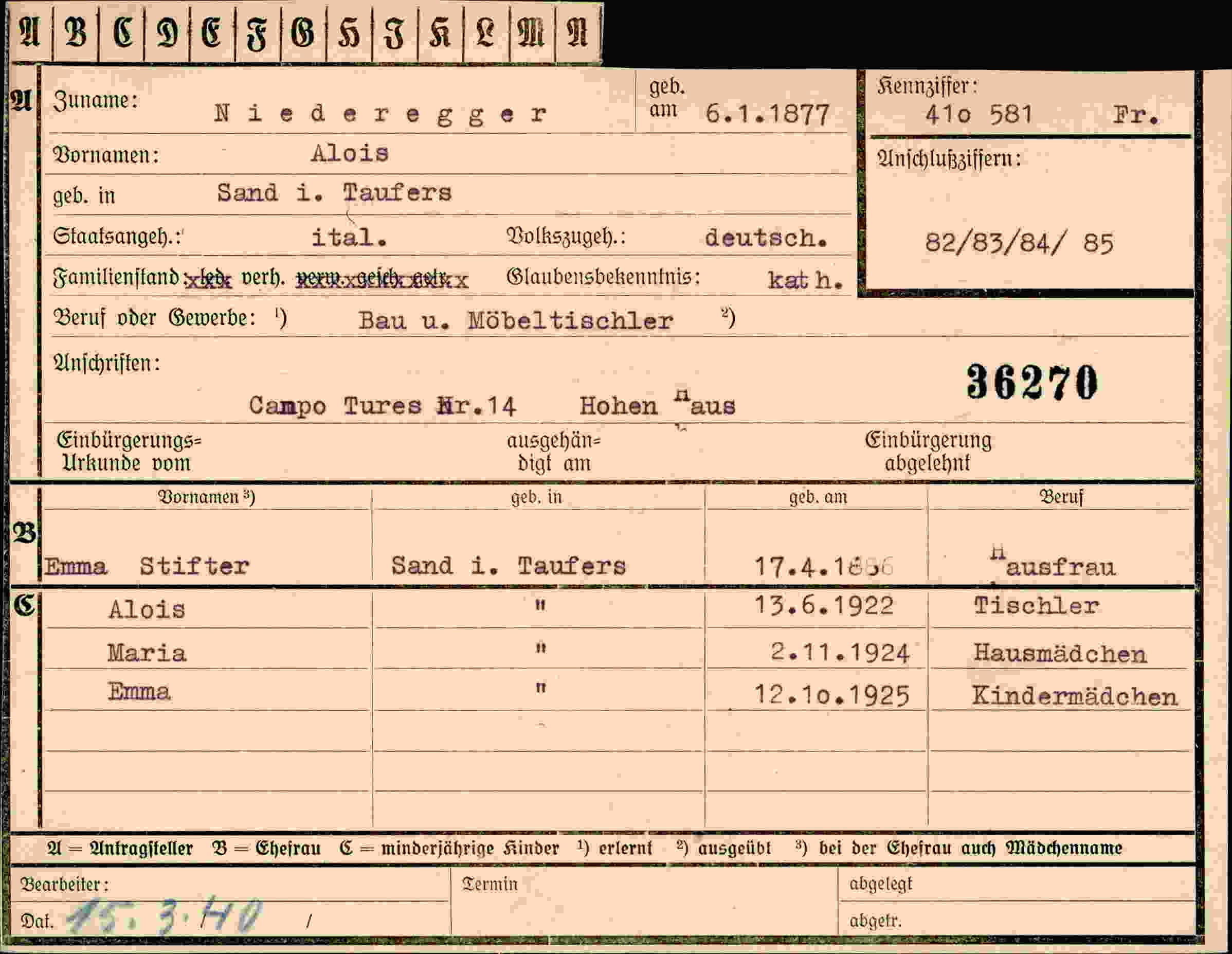 Dokument für Alois Niederegger