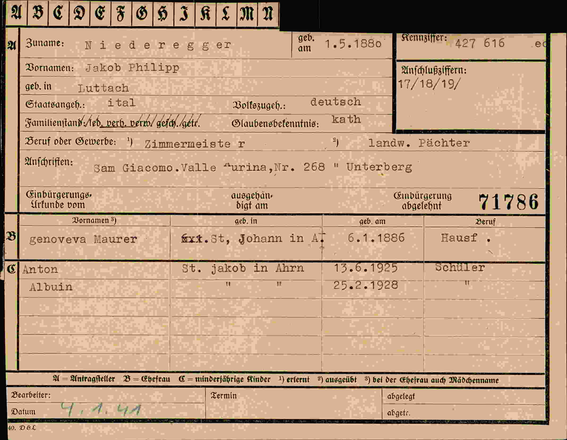 Dokument für Jakob Philipp Niederegger