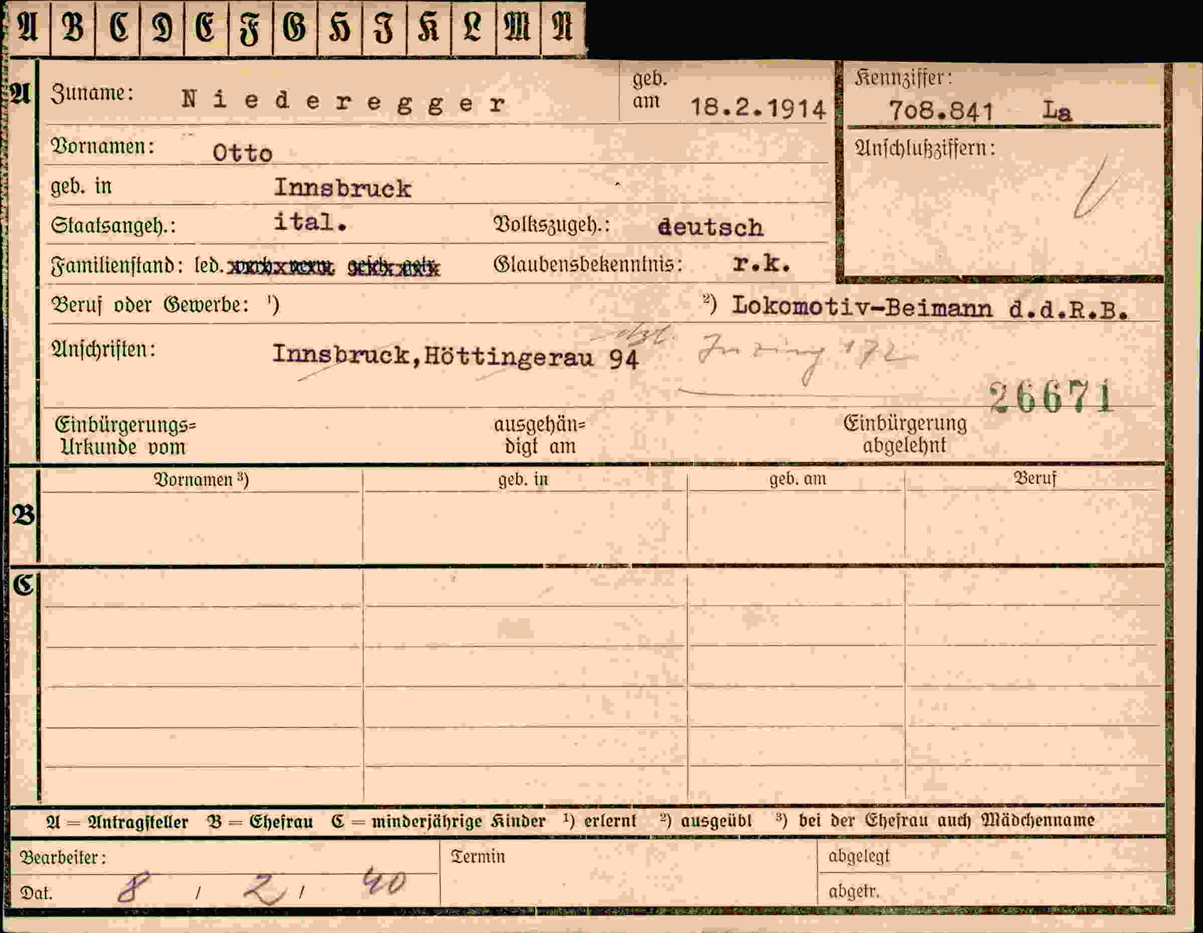Dokument für Otto Niederegger