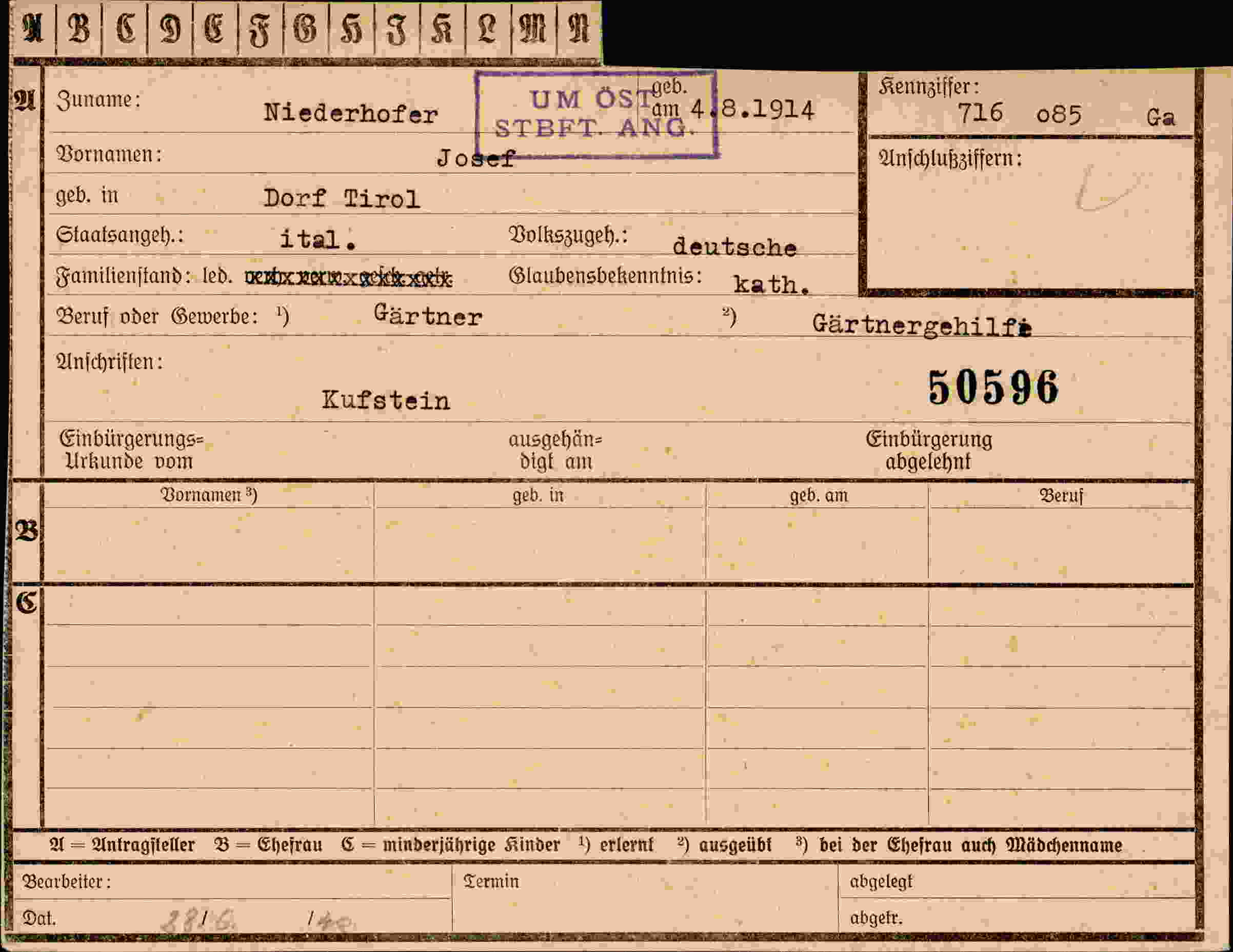 Dokument für Josef Niederhofer