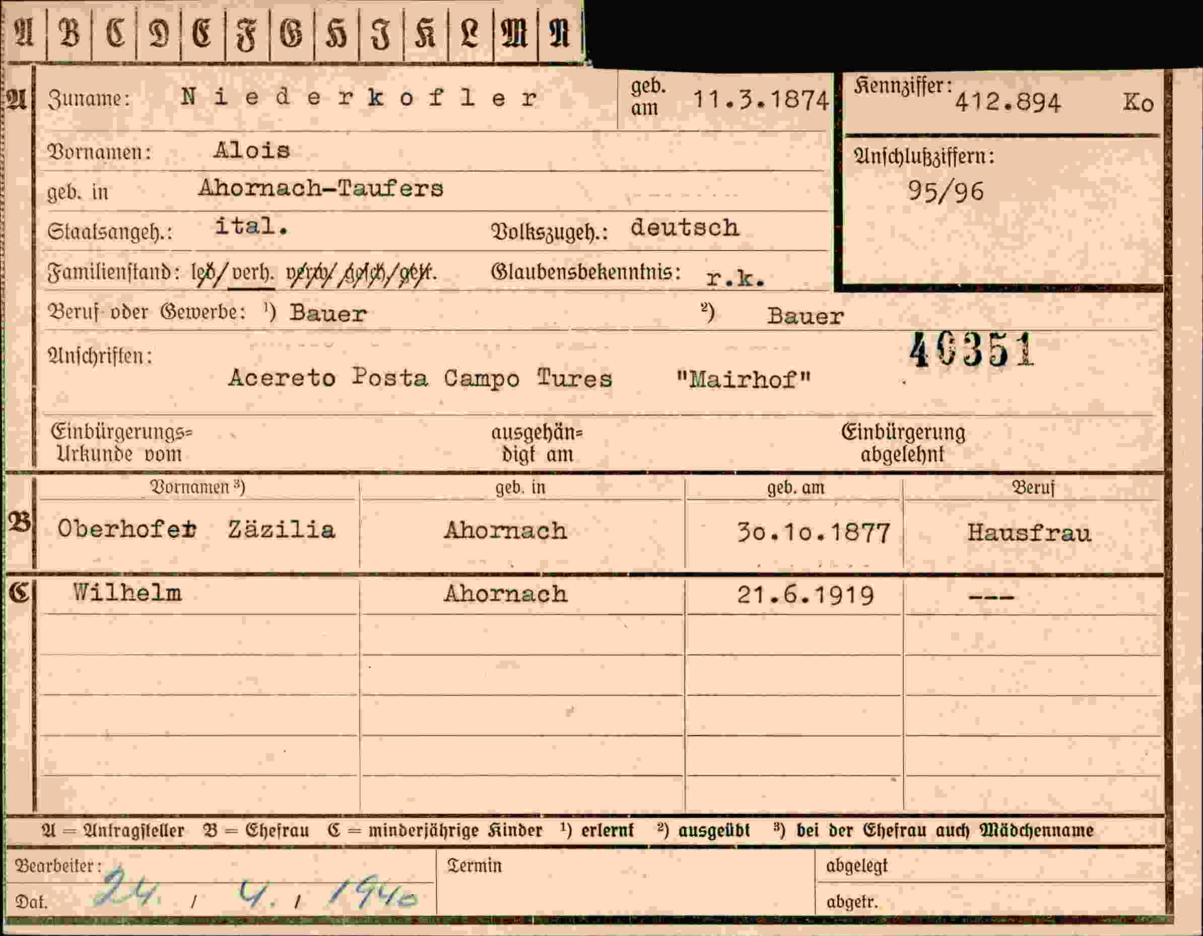 Dokument für Alois Niederkofler
