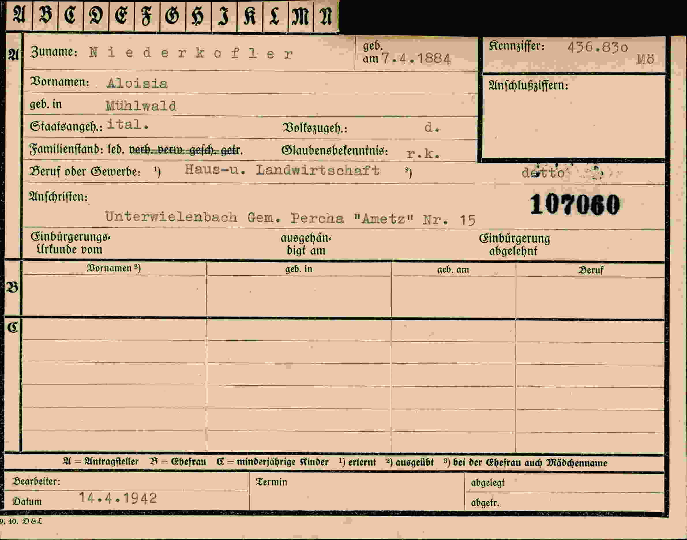 Dokument für Aloisia Niederkofler