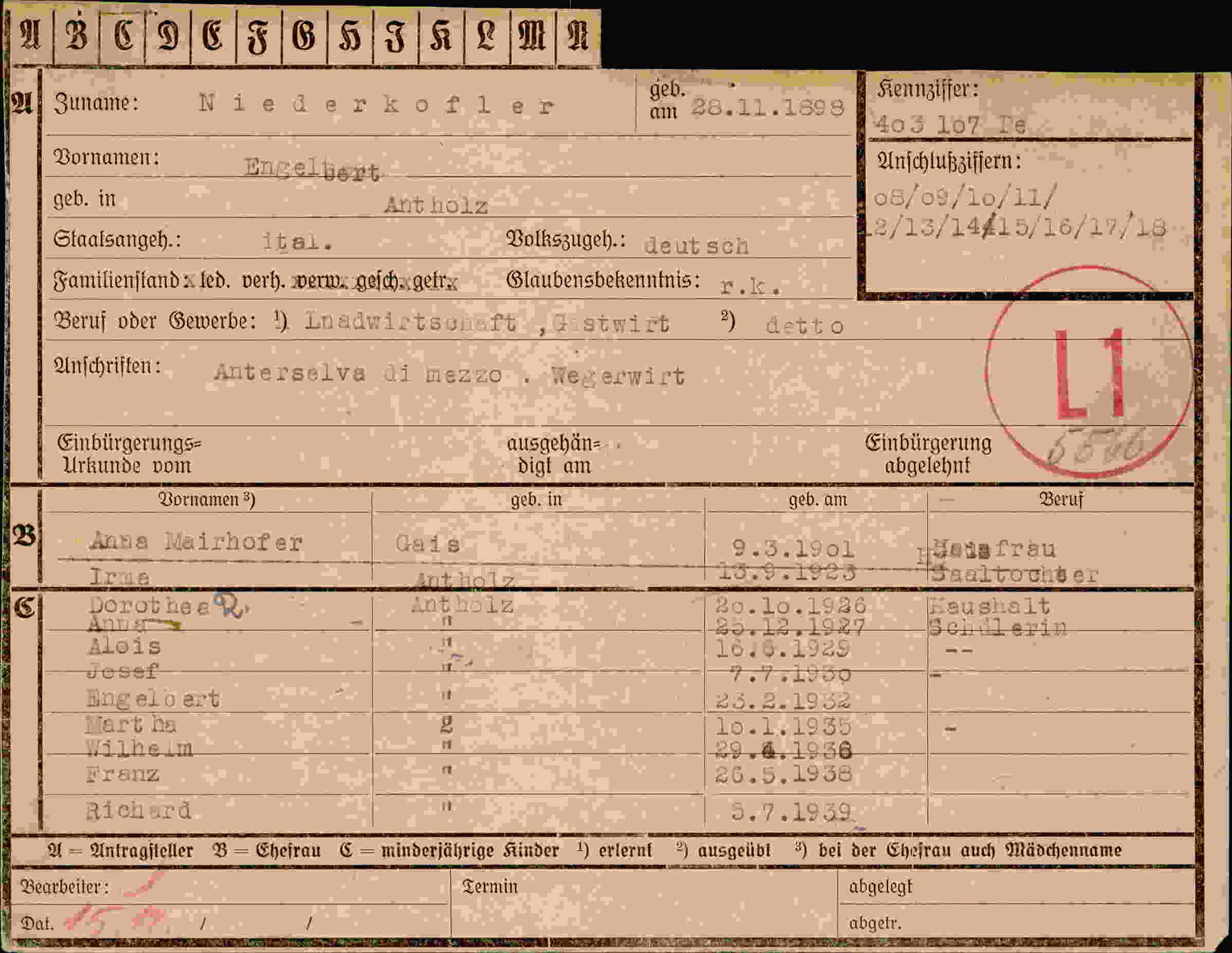 Dokument für Engelbert Niederkofler