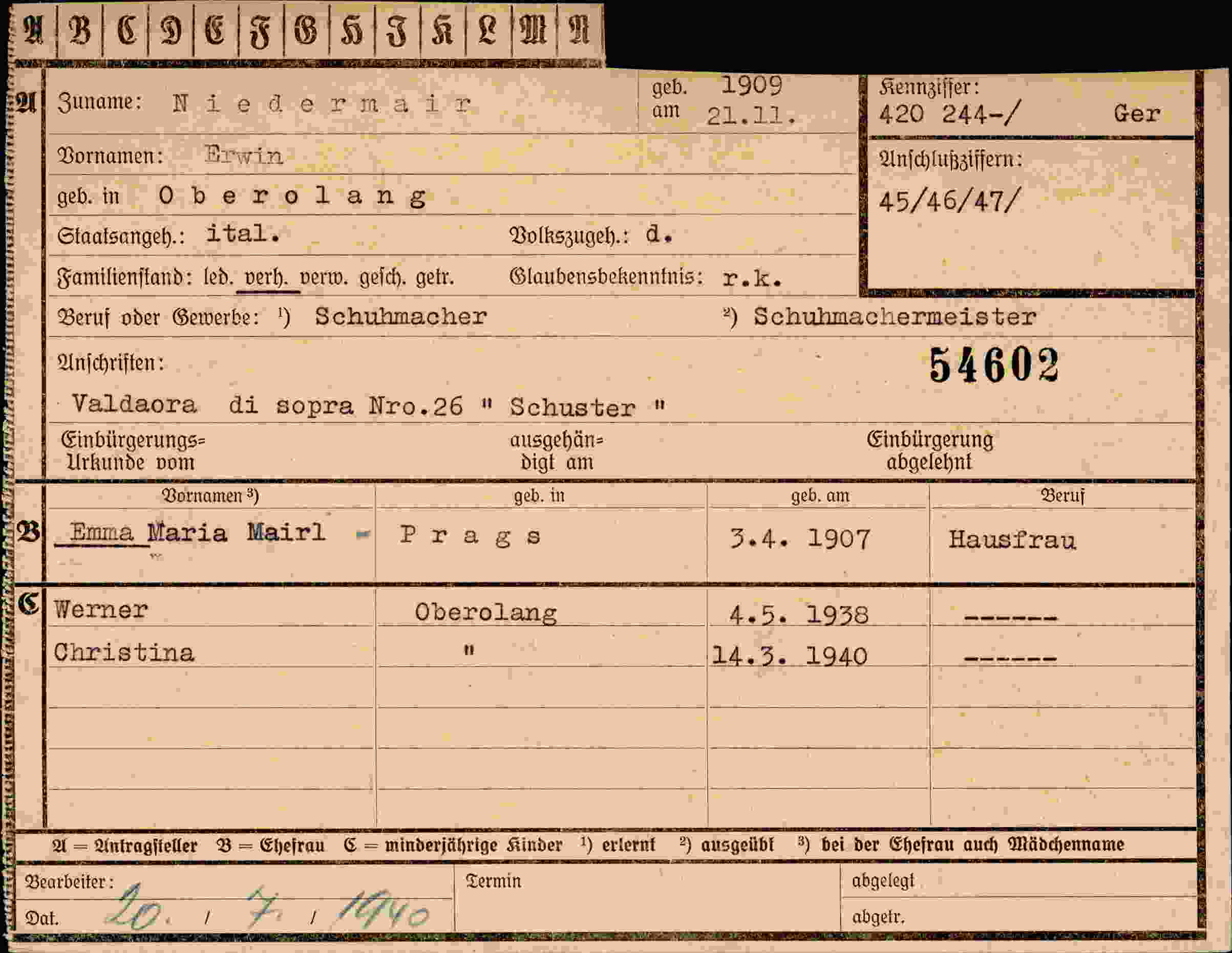 Dokument für Erwin Niedermair