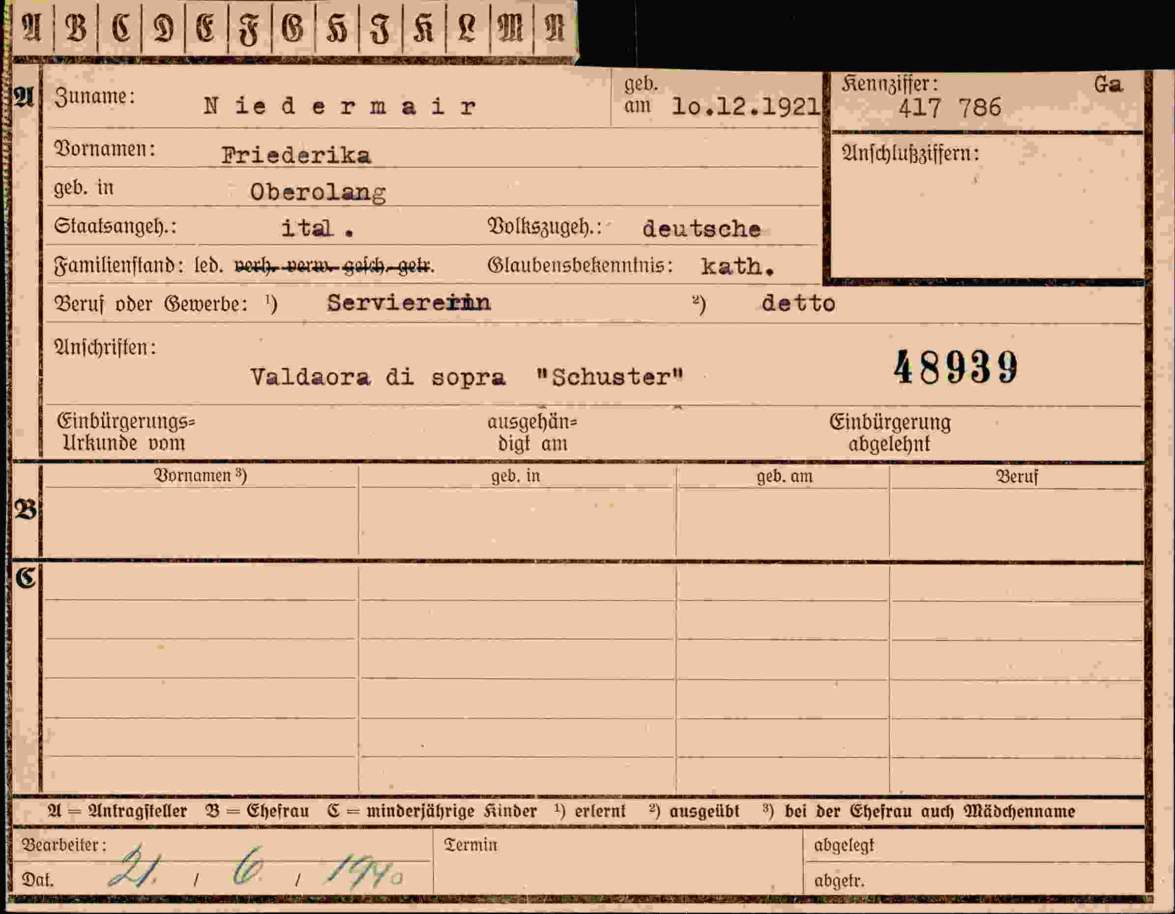 Dokument für Friederika Niedermair