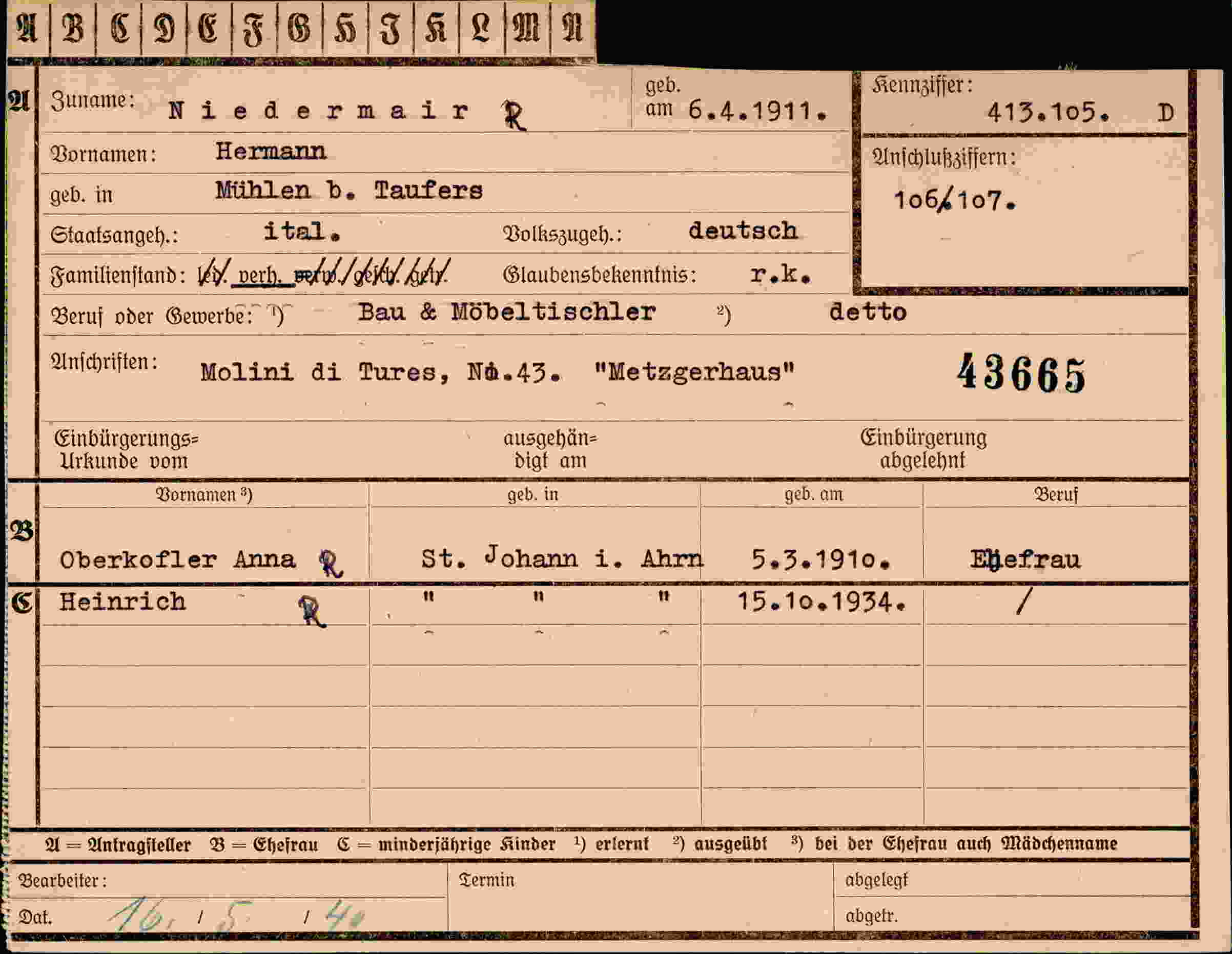Dokument für Hermann Niedermair