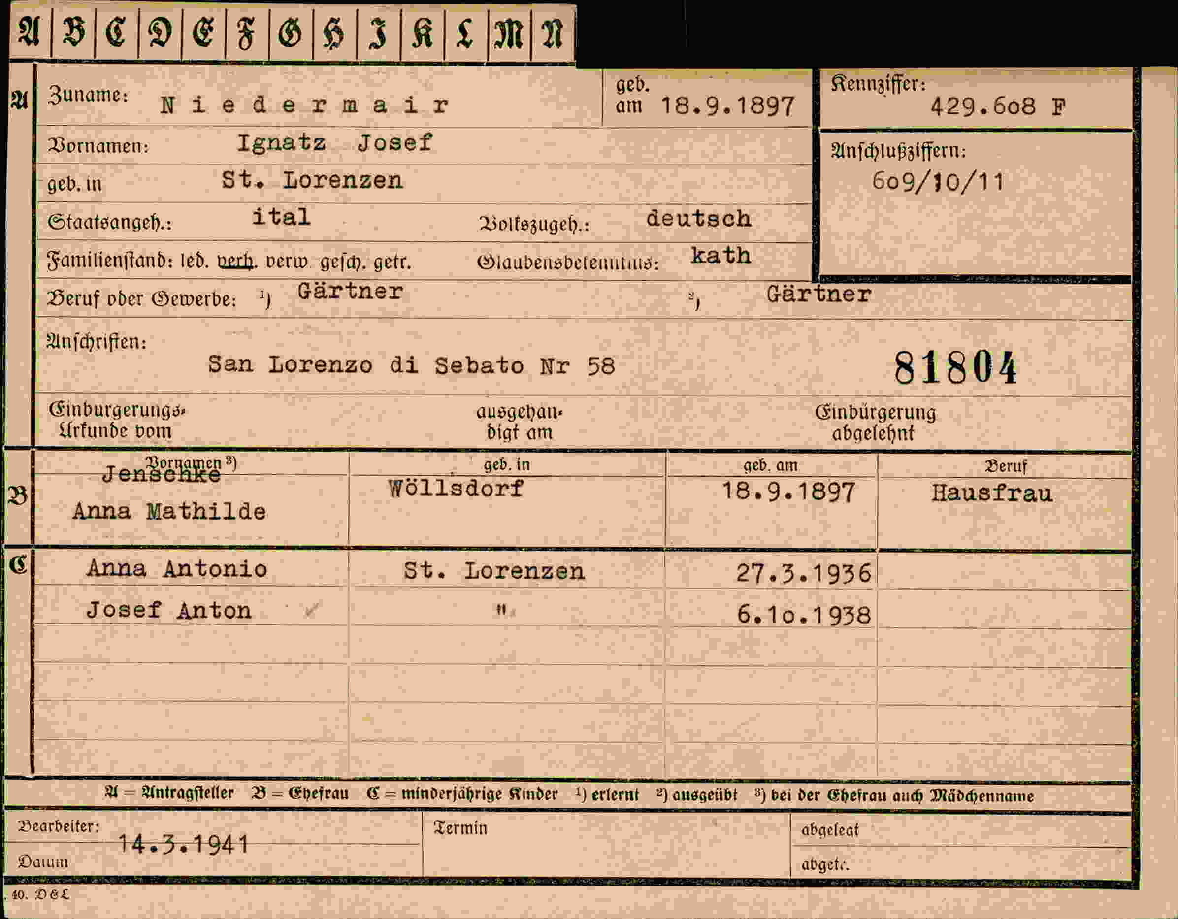 Dokument für Ignatz Josef Niedermair