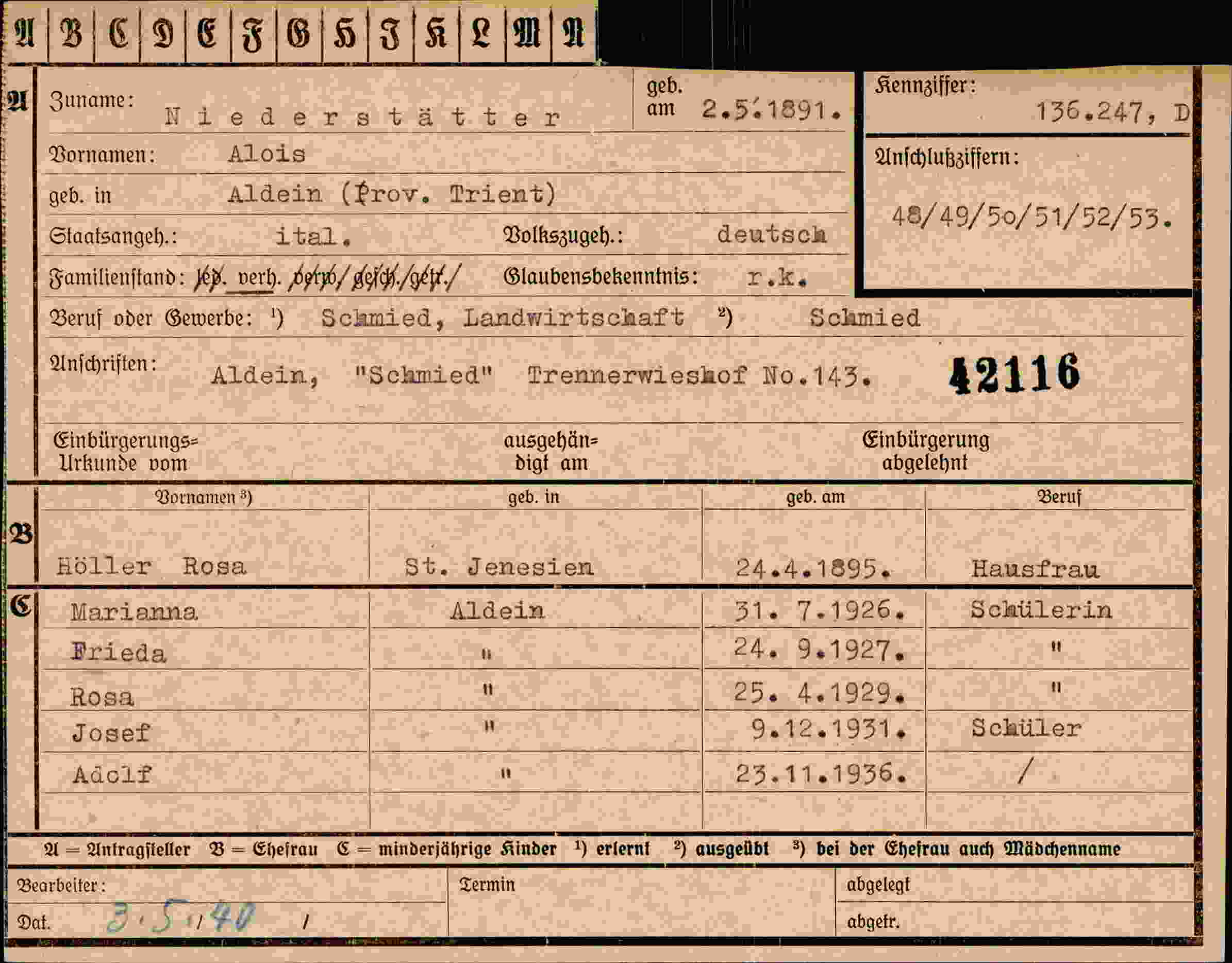 Dokument für Alois Niederstätter