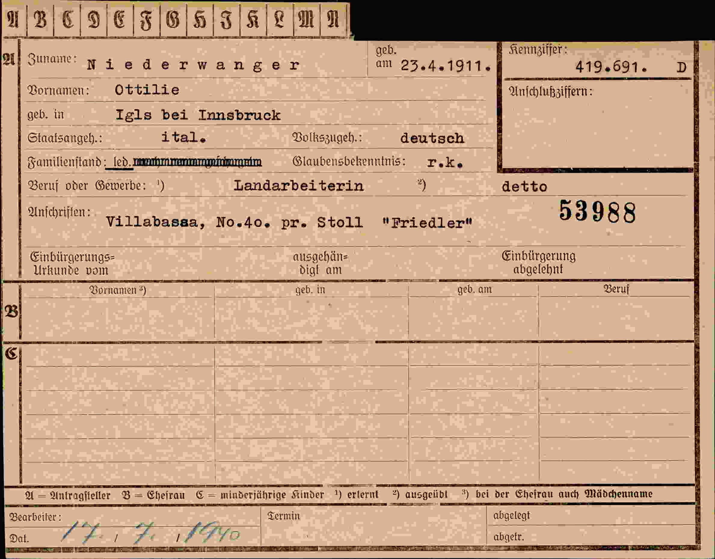 Dokument für Ottilie Niederwanger