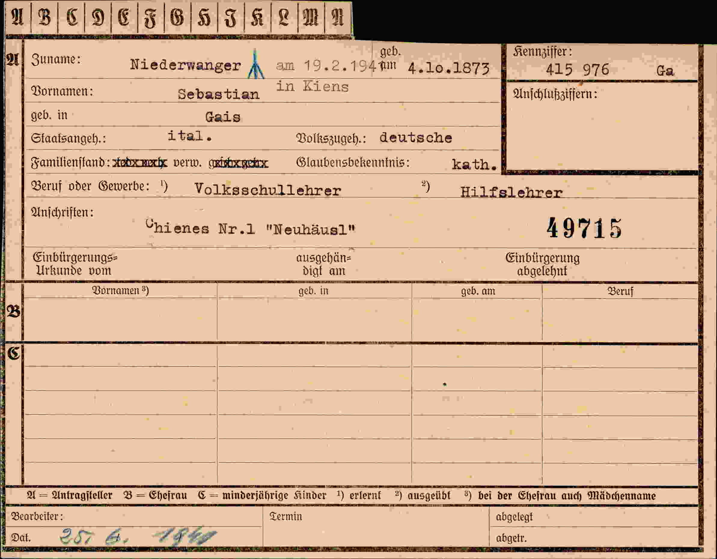 Dokument für Sebastian Niederwanger