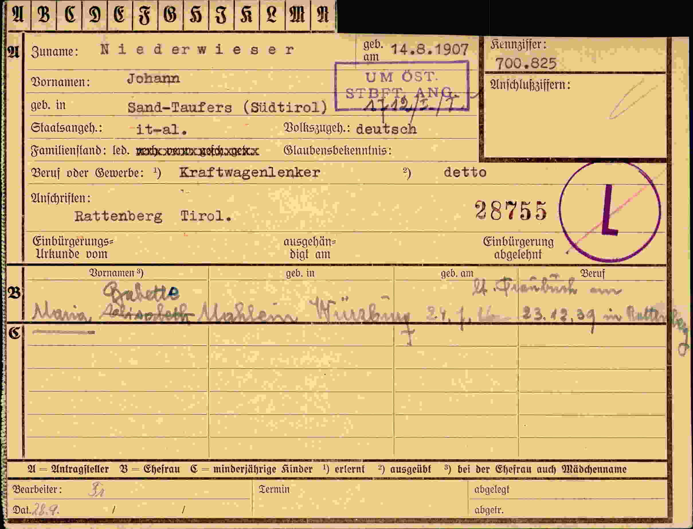 Dokument für Johann Niederwieser