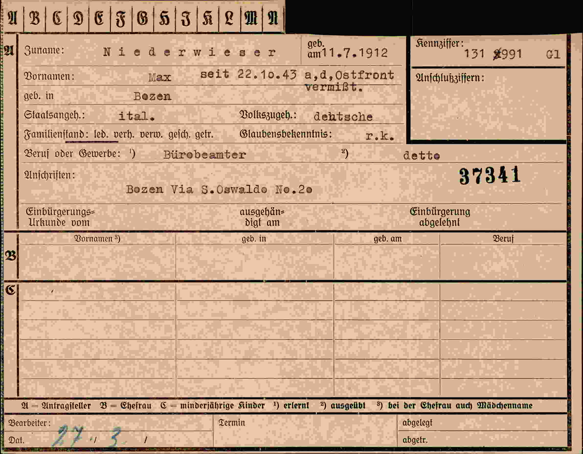 Dokument für Max Niederwieser