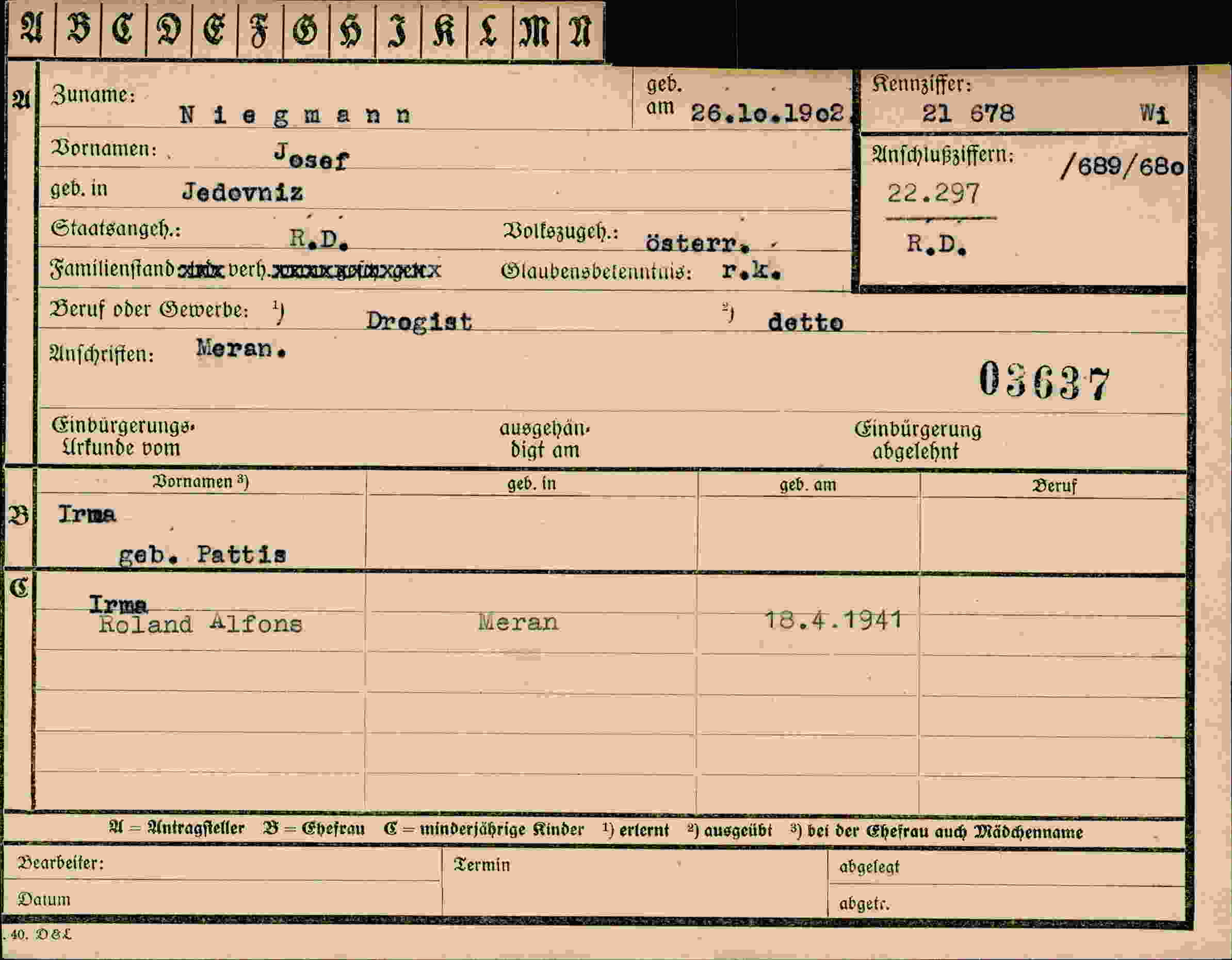 Dokument für Josef Niegmann