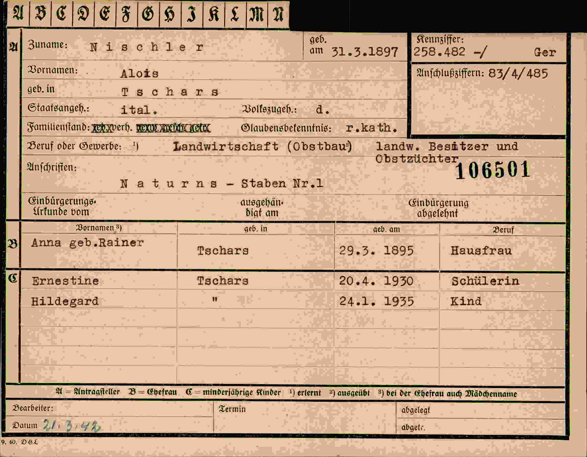 Dokument für Alois Nischler