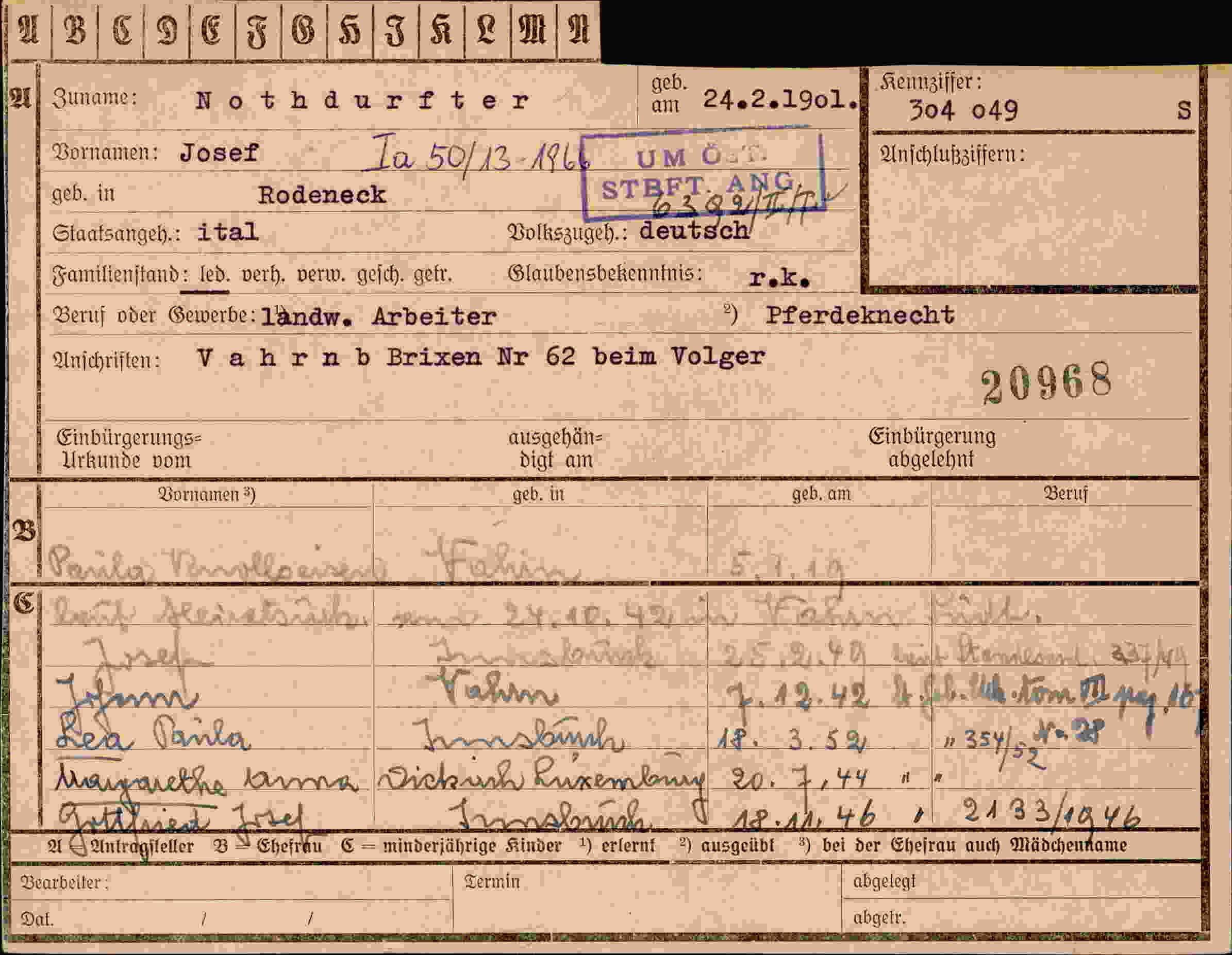 Dokument für Josef Nothdurfter