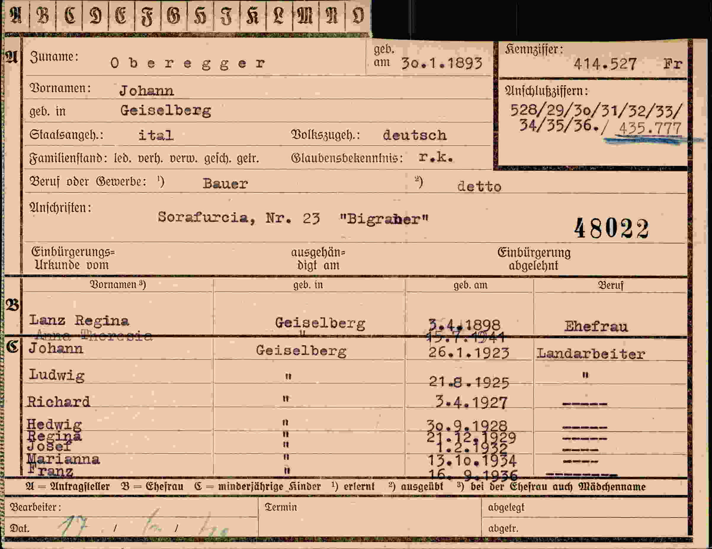 Dokument für Johann Oberegger