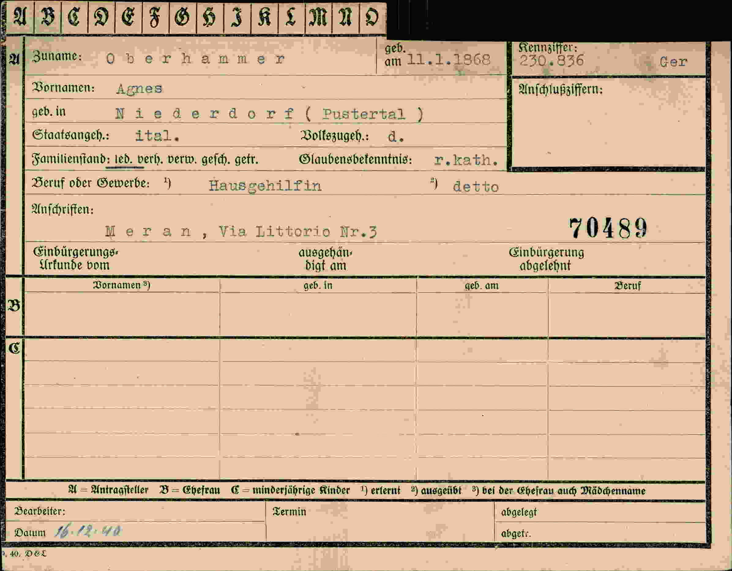 Dokument für Agnes Oberhammer