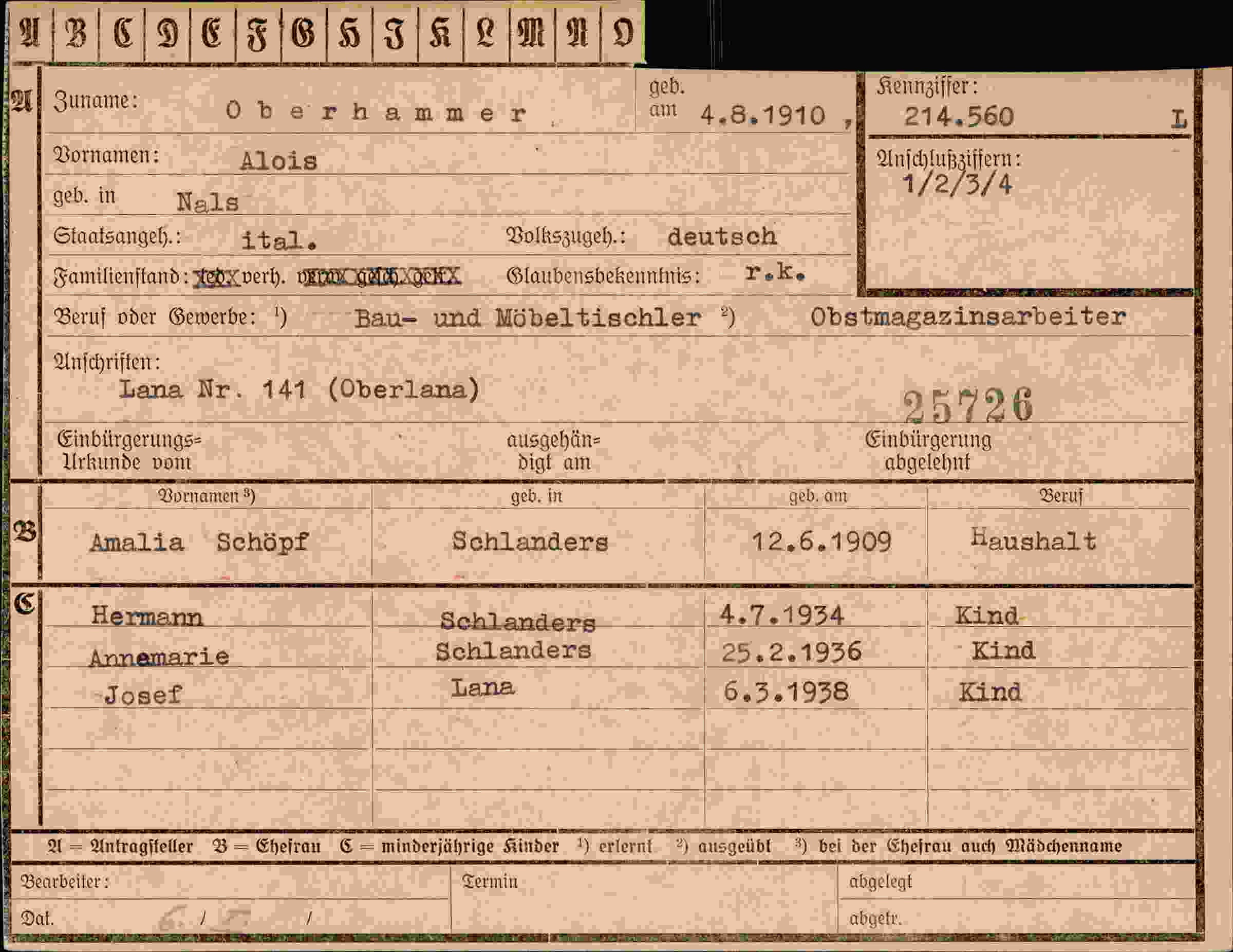Dokument für Alois Oberhammer